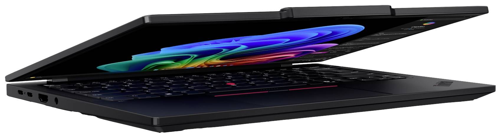 Ein halbgeschlossener Laptop mit leuchtendem, farbigen Bildschirm. Tastatur und Gehäuse sind überwiegend schwarz.