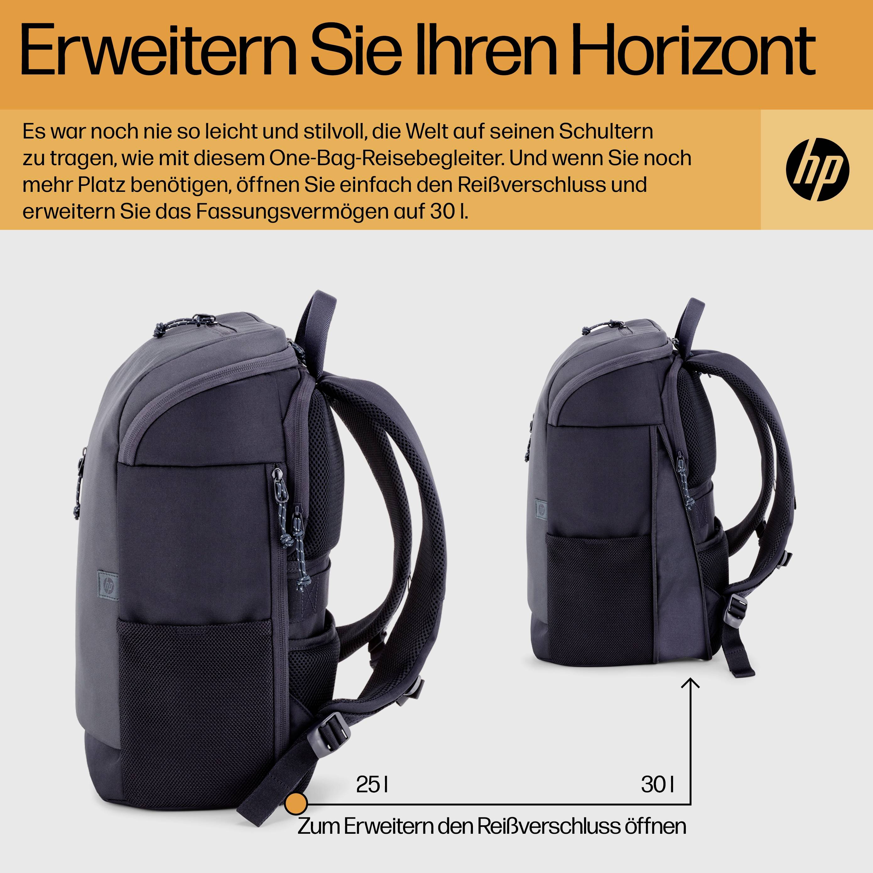'Erweitern Sie Ihren Horizont' zeigt zwei Rucksäcke, einer mit und einer ohne geöffnete Erweiterung, die von 25 l auf 30 l vergrößert wird.