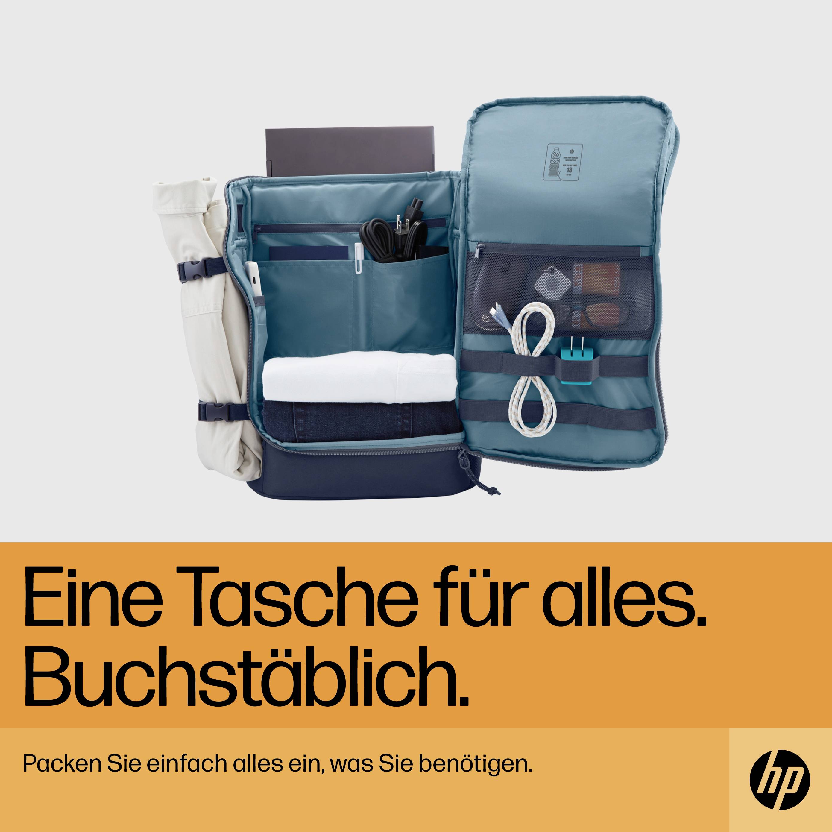 Offene Tasche mit mehreren Fächern, gefüllt mit Laptop, Stift, Notizbuch und Kabeln. Text: 'Eine Tasche für alles. Buchstäblich.' Unten HP-Logo.