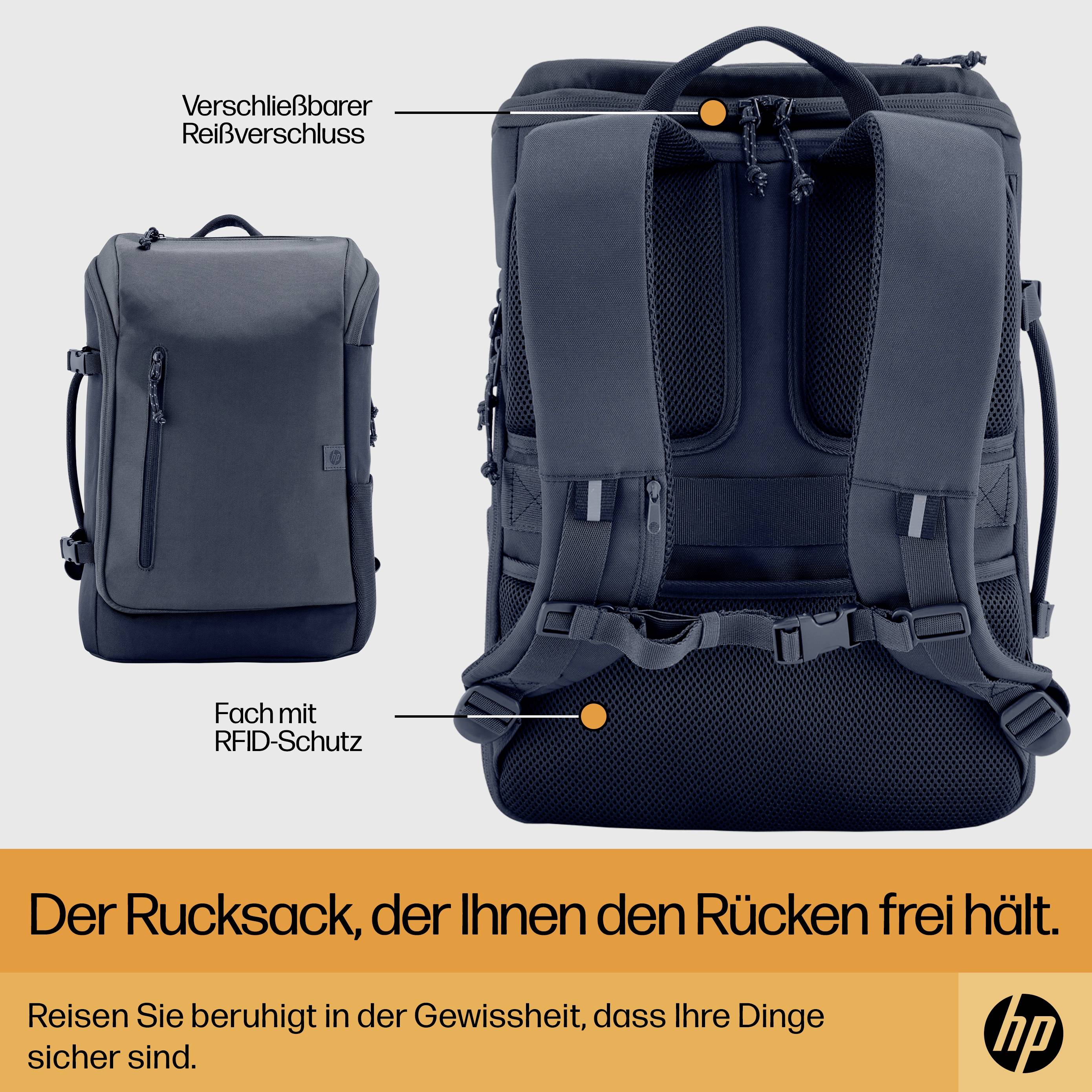 Rucksack mit RFID-Schutz und verschließbarem Reißverschluss. Text: 'Der Rucksack, der Ihnen den Rücken frei hält.'