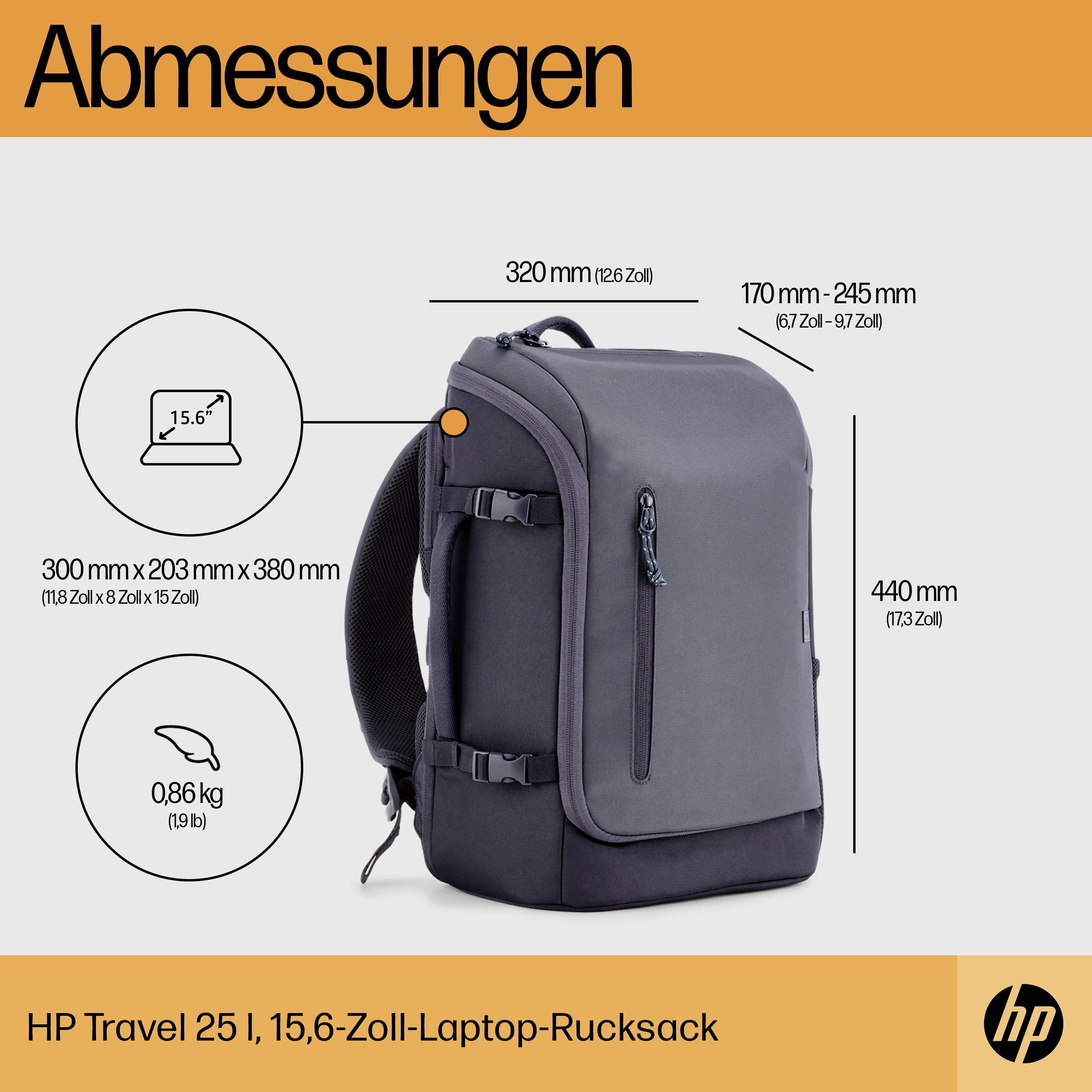 Abmessungen und Gewicht des HP Travel 25 l, 15,6-Zoll-Laptop-Rucksacks: 320 mm x 170-245 mm x 440 mm, Gewicht 0,86 kg.