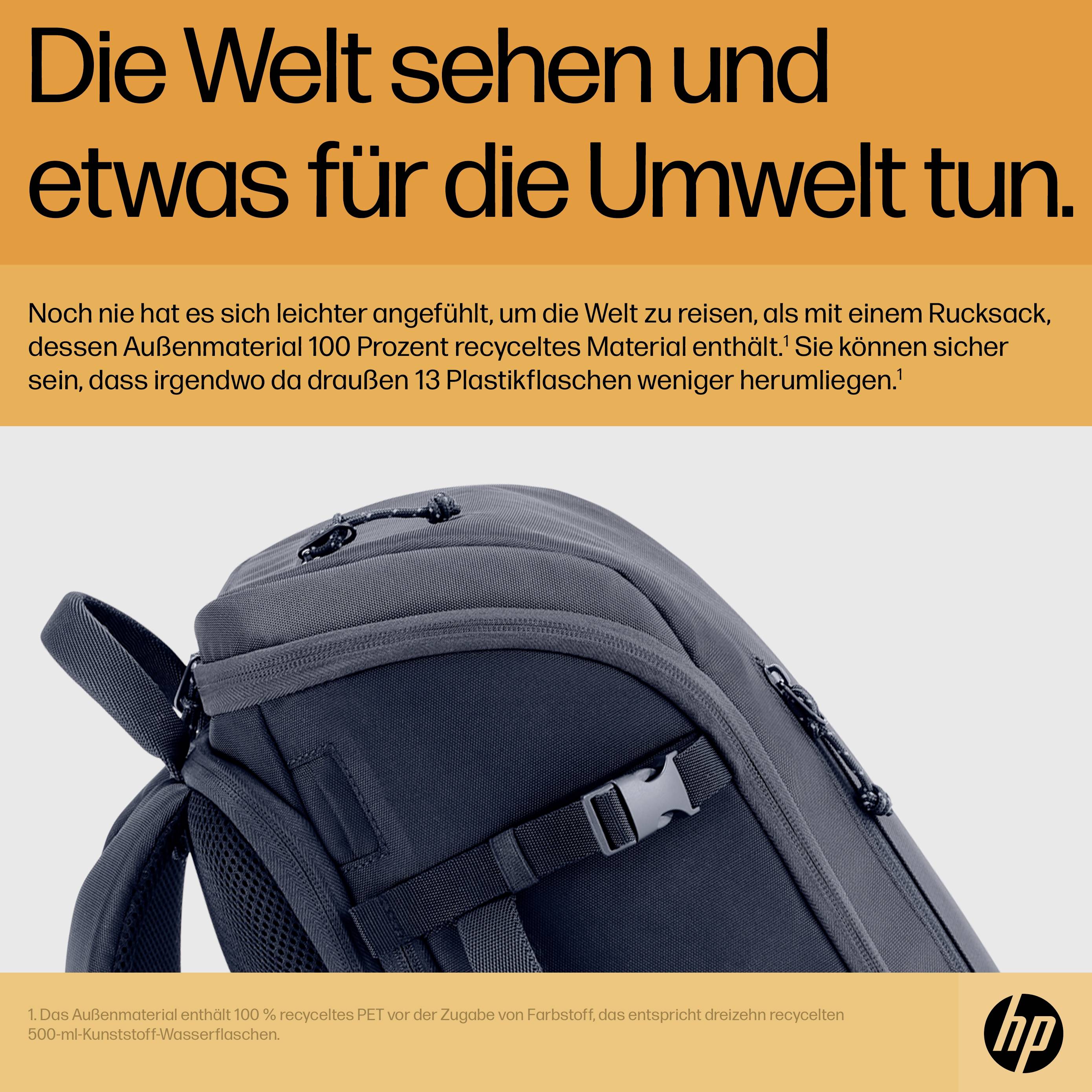 Rucksack aus 100 % recyceltem Material; entspricht etwa 13 recycelten Plastikflaschen. Text: Die Welt sehen und etwas für die Umwelt tun.