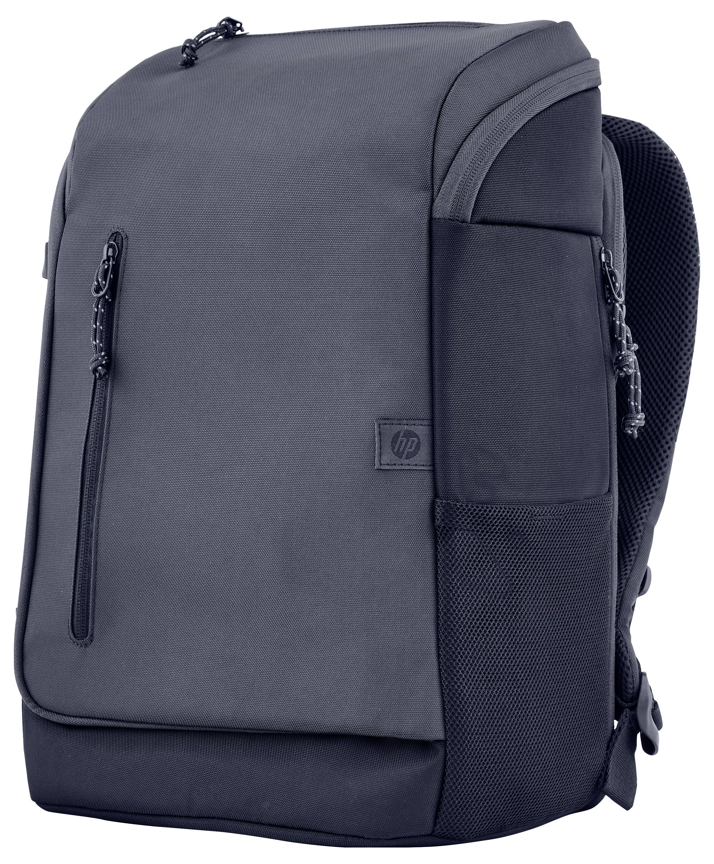 Ein schwarzer Rucksack mit mehreren Außentaschen und gepolsterten Schultergurten. Er hat ein schlichtes, modernes Design.