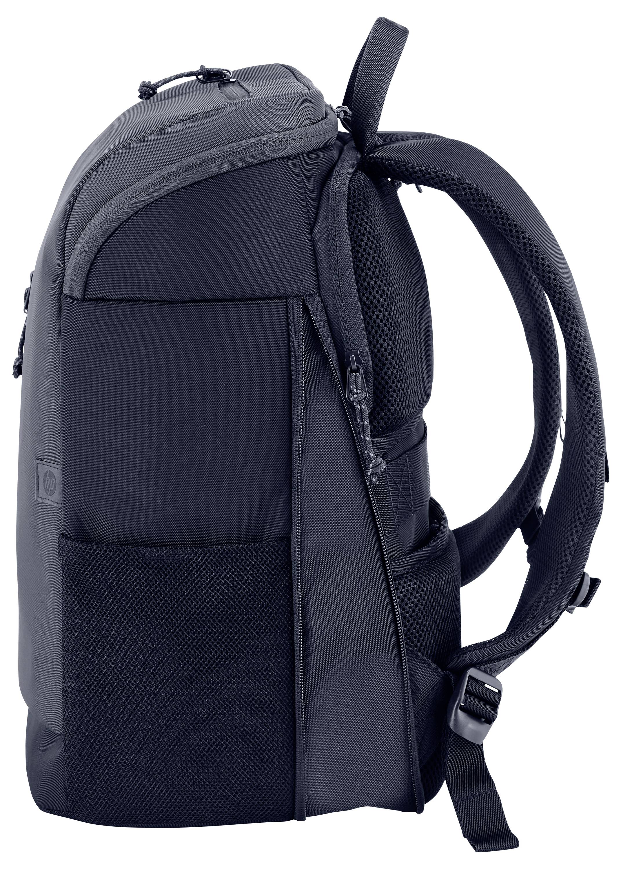 Ein schwarzer Rucksack mit mehreren Fächern und gepolsterten Schultergurten. Geeignet für Reisen oder den täglichen Gebrauch.