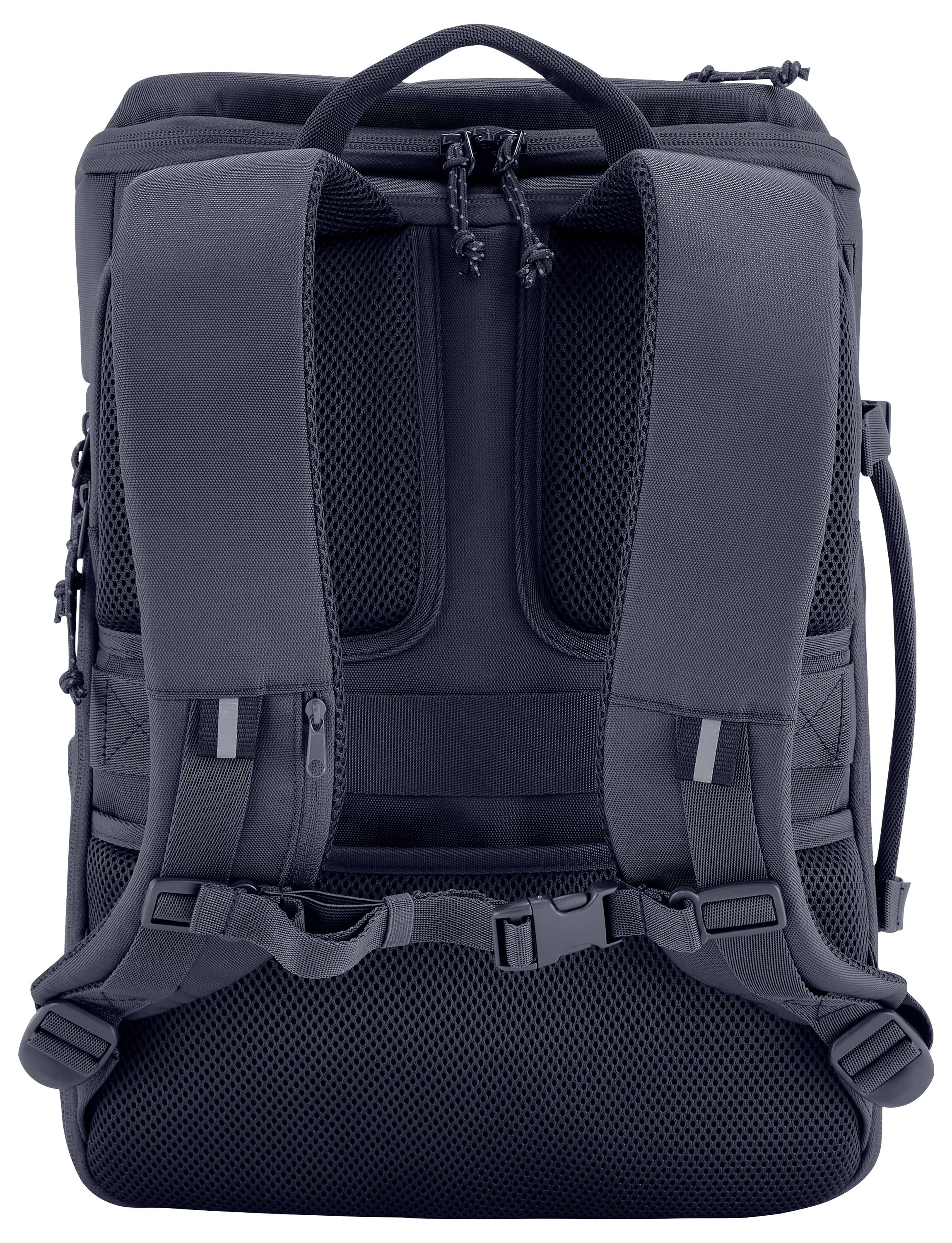 Ein dunkelgrauer Rucksack mit gepolsterten Schultergurten und mehreren Reißverschlüssen, ideal für den täglichen Gebrauch oder Reisen.