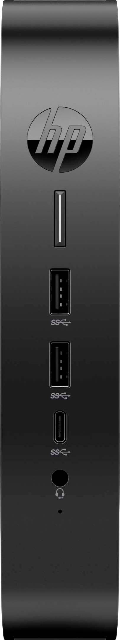 Slimmer schwarzer HP-PC mit vertikaler USB-Anschlussleiste und HP-Logo oben. Enthält USB-C-, USB-A-Anschlüsse und Speicherkartensteckplatz.