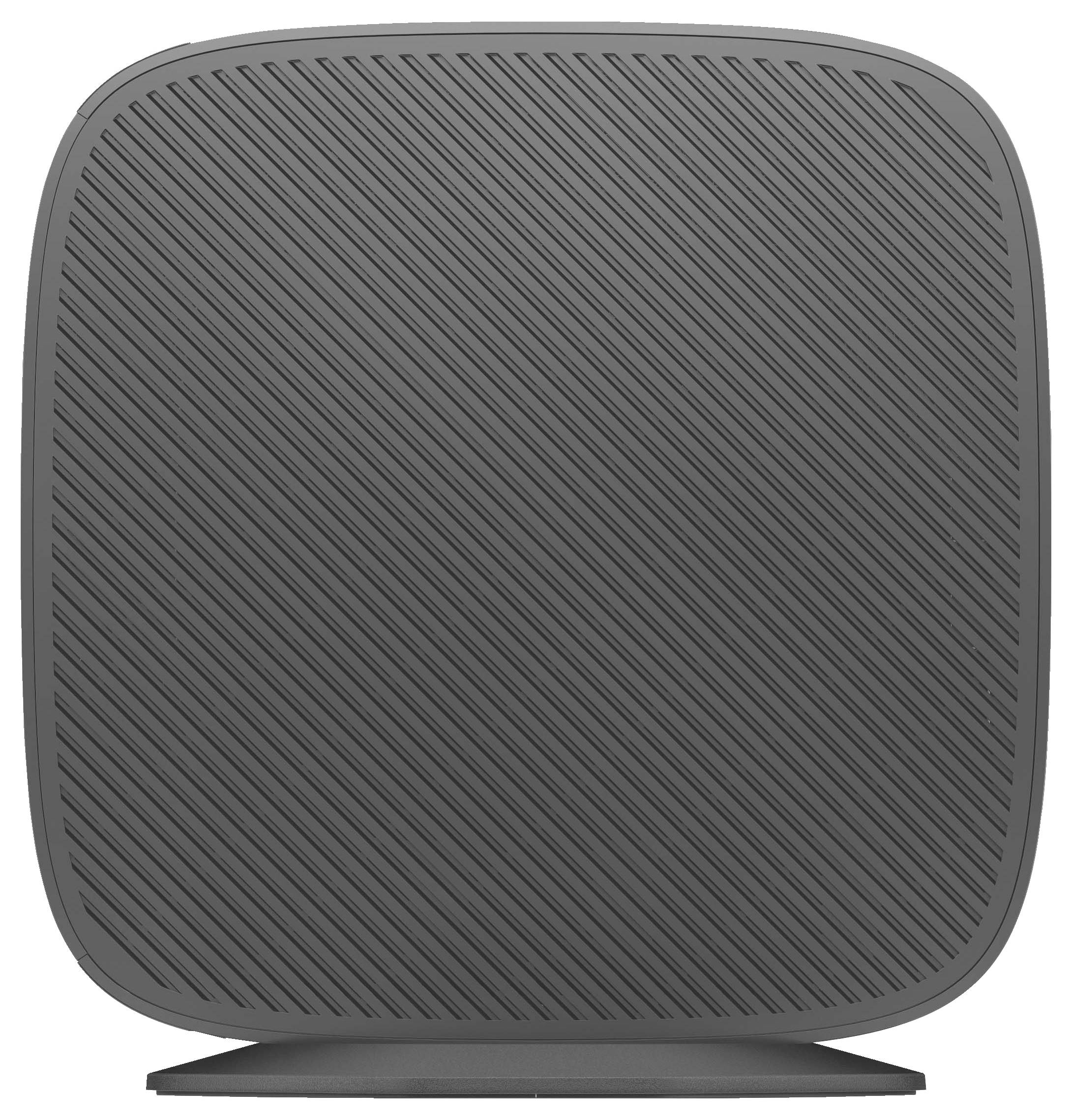 Ein rechteckiges, dunkelgraues Gerät mit diagonalen Linien auf der Oberfläche, möglicherweise ein Luftreiniger oder Lautsprecher.