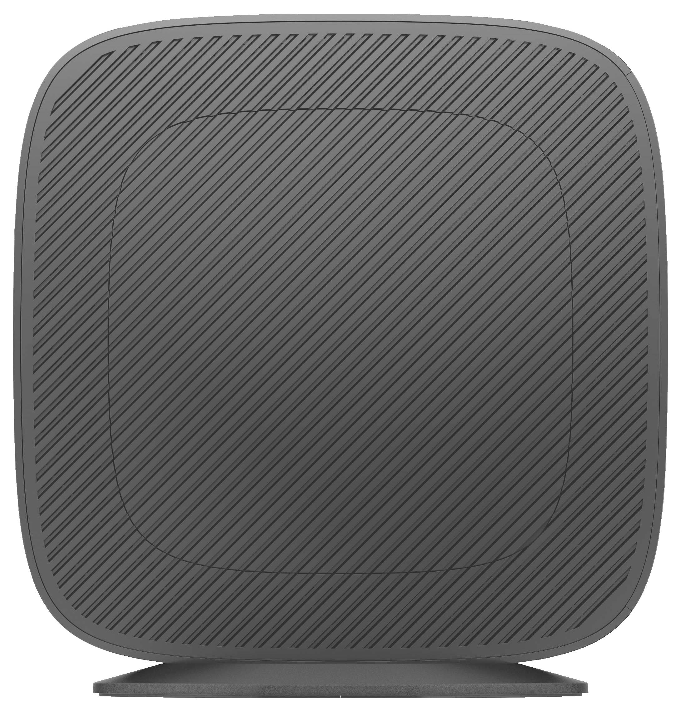 Ein quadratischer, schwarz-grauer Lautsprecher mit feinen diagonalen Linien auf der Vorderseite. Das Design ist einfach und modern.