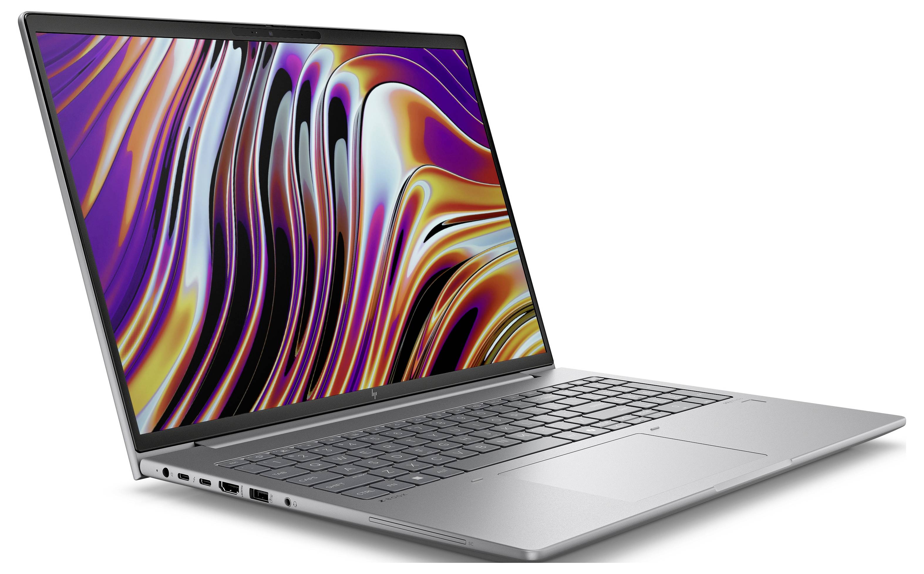 Ein moderner Laptop mit farbenfrohem, abstraktem Bildschirmmuster, Silbergehäuse und einer Tastatur mit großem Touchpad.