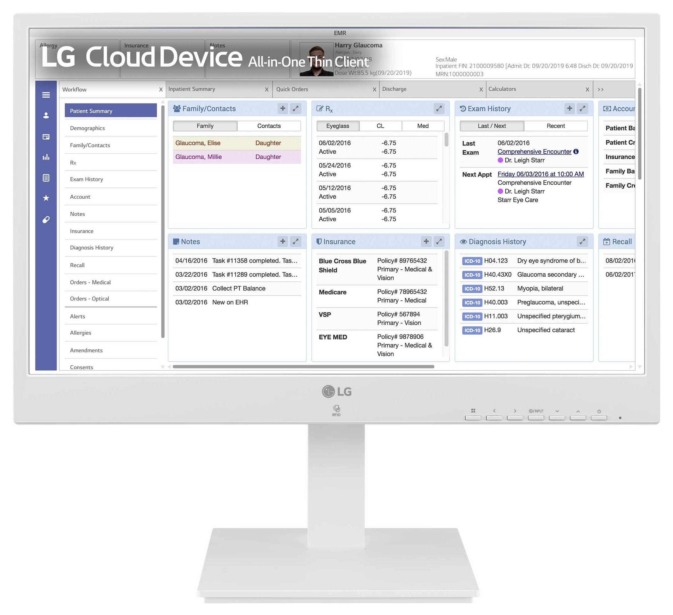Ein Monitor zeigt eine medizinische Software-Oberfläche mit Patienteninformationen, Kontakten, Untersuchungsverlauf und Diagnosen.