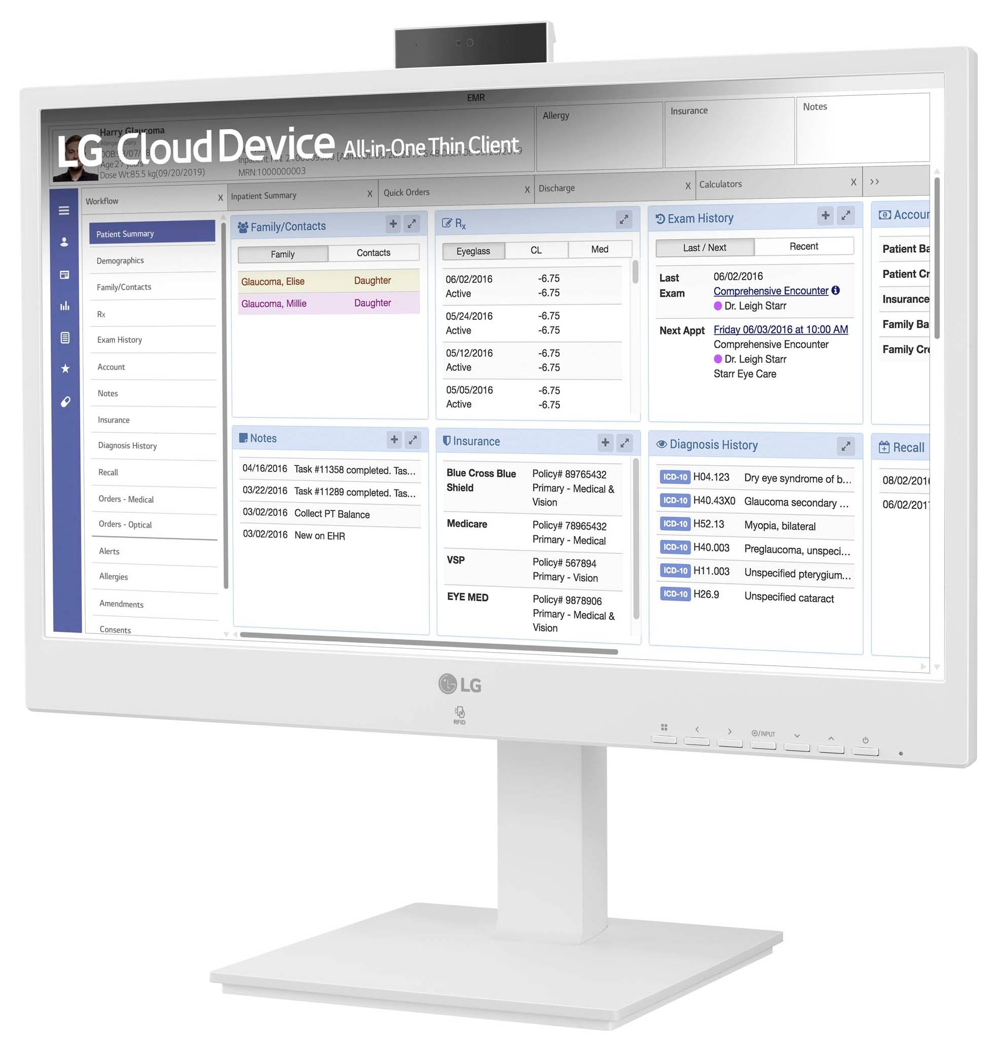 Ein Computerbildschirm zeigt eine Verwaltungssoftware mit Registerkarten für Patientendetails, Versicherung, Diagnosen und Untersuchungshistorie.