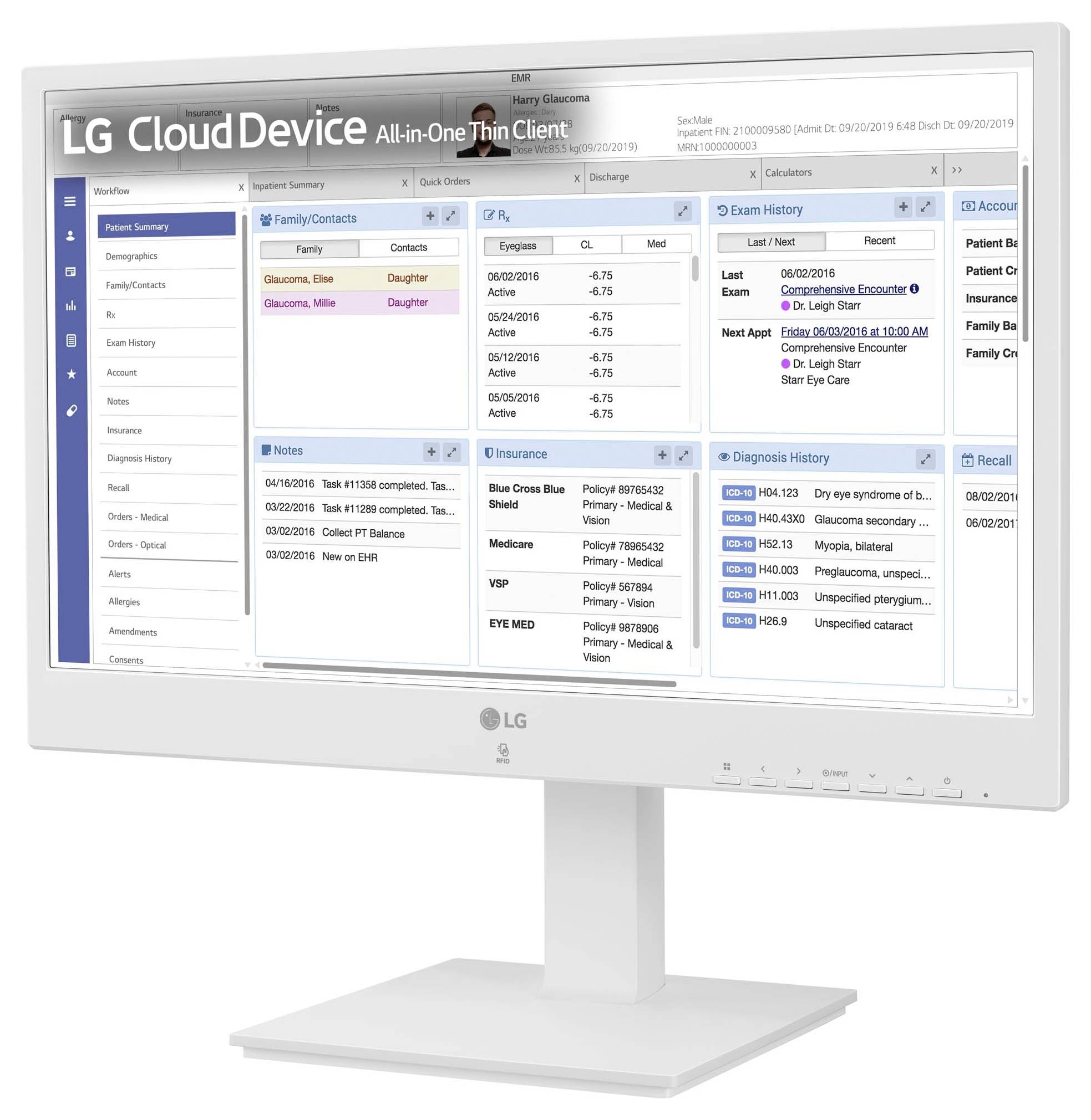 'LG Cloud Device' Monitor zeigt ein Dashboard mit Tabs: 'Family/Contacts', 'Exam History', 'Diagnosis History' und 'Recall'.