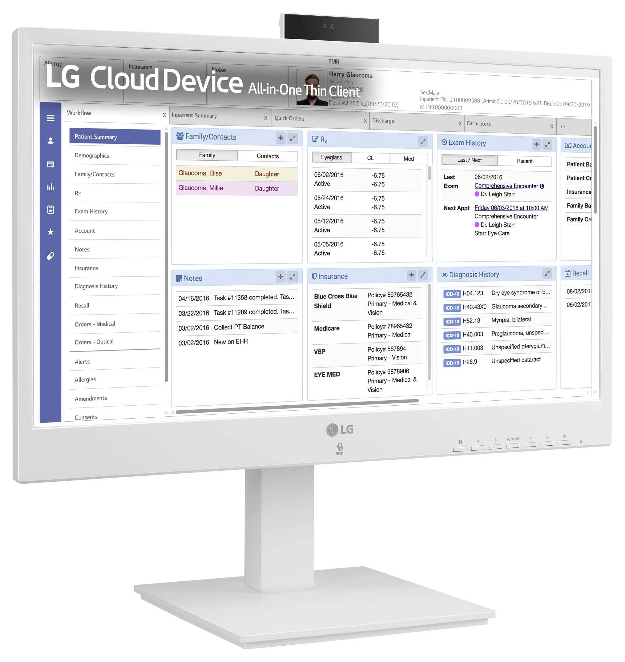 Ein weißer Monitor mit der Aufschrift 'LG Cloud Device All-in-One Thin Client' zeigt eine medizinische Software mit Patientendaten.