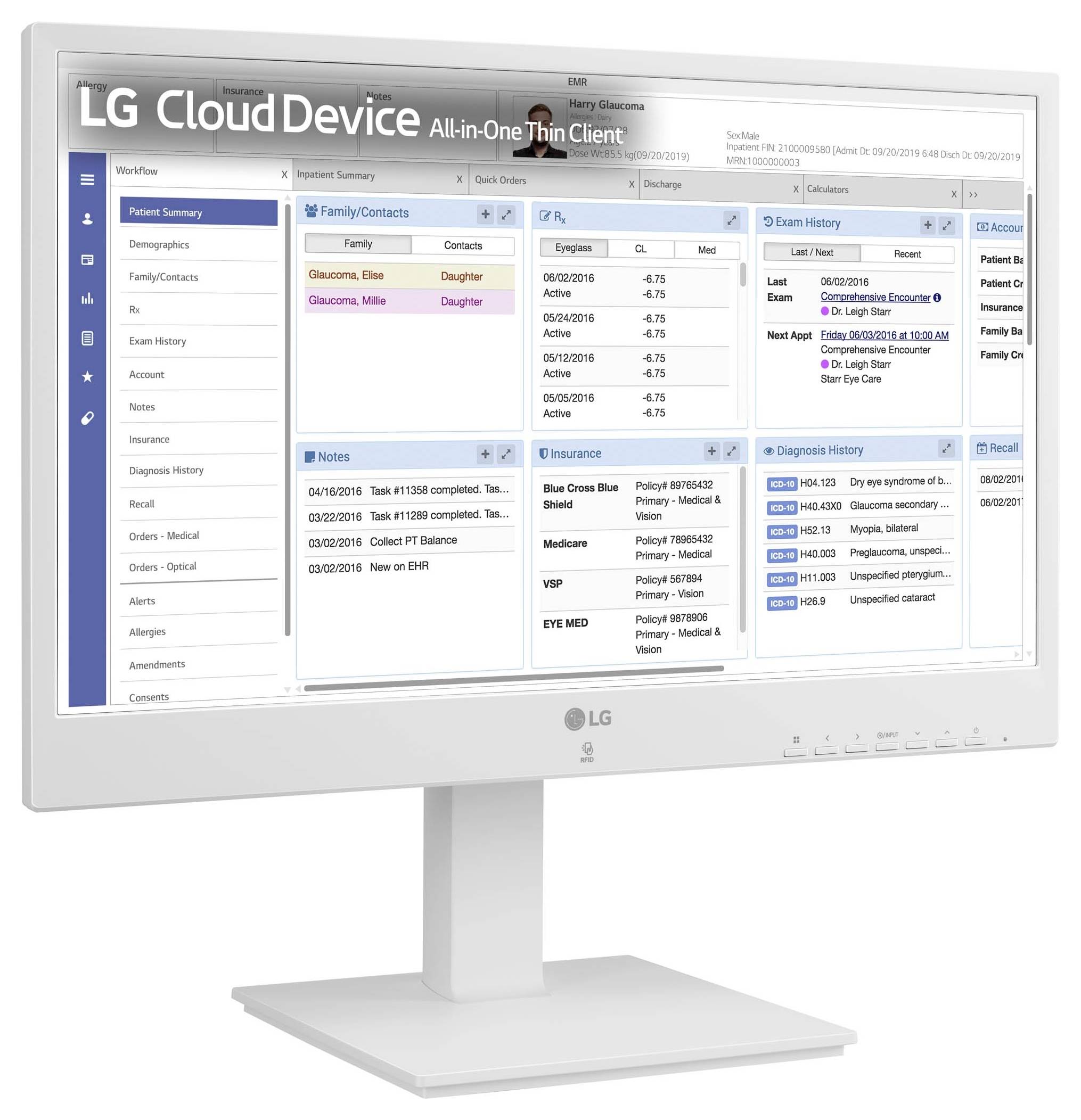 Ein LG Cloud Device-Bildschirm zeigt eine Software-Benutzeroberfläche mit verschiedenen Menüs und Datentabellen im Arbeitsbereich.
