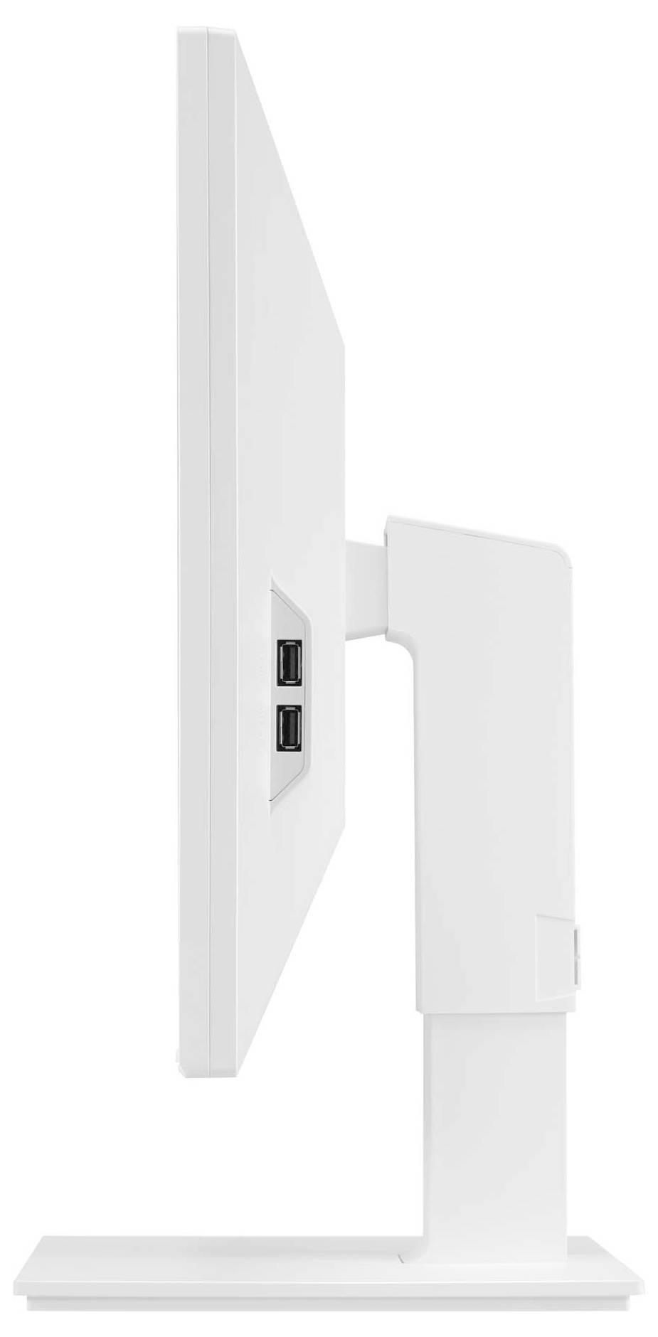 Ein weißer Computermonitor aus seitlicher Ansicht, zwei USB-Anschlüsse an der Seite sichtbar.