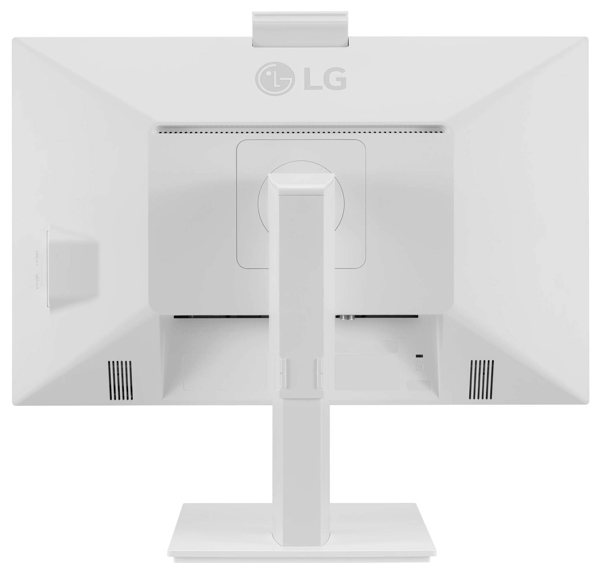 Ein weißer LG-Monitor von hinten betrachtet. Der Standfuß ist mittig angebracht, keine Bildschirmanzeigen sichtbar.