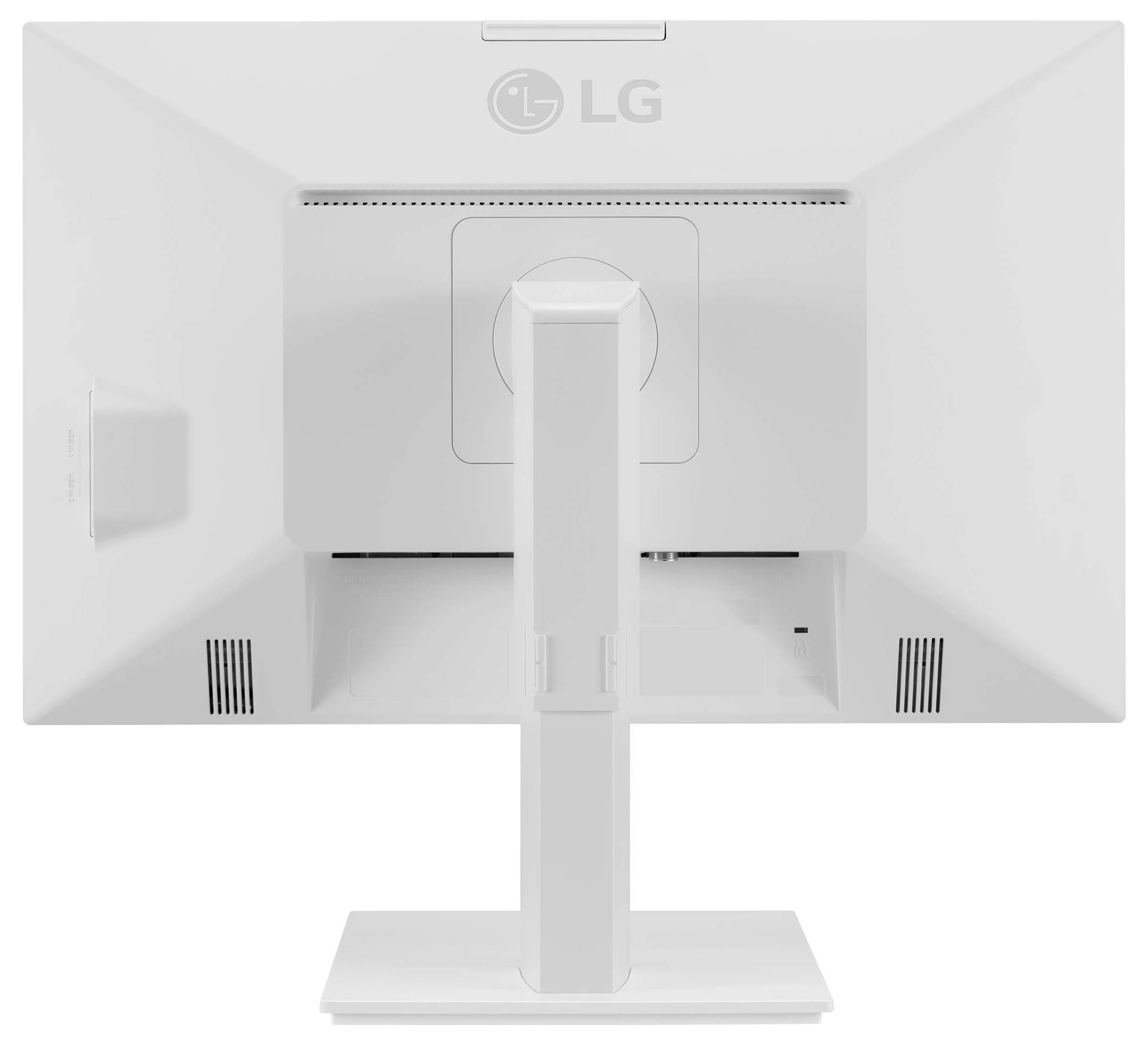 Ein weißer LG-Monitor ist von hinten zu sehen, montiert auf einem rechteckigen Standfuß.