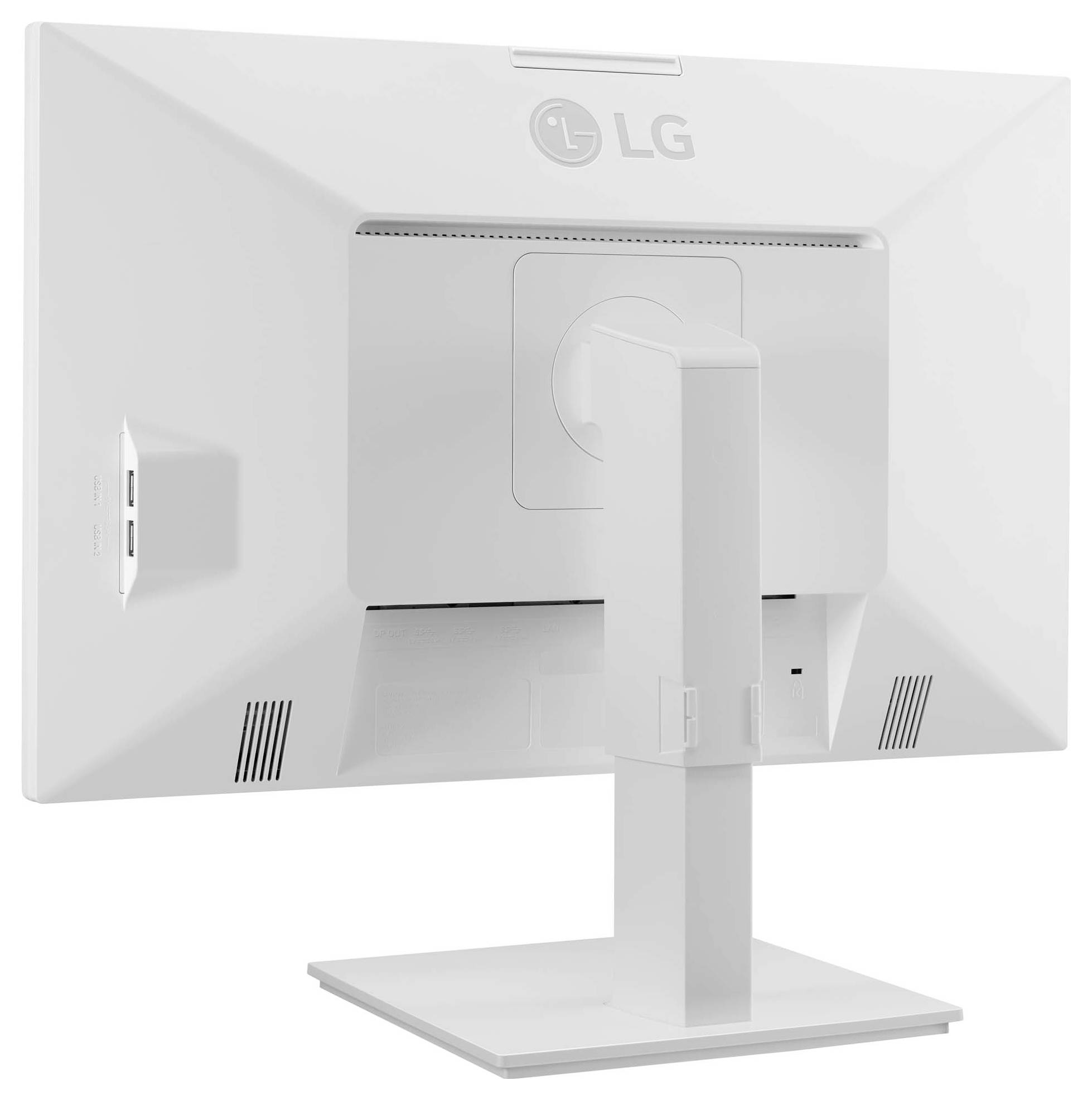 Ein weißer LG-Monitor von hinten, mit einem stabilen, verstellbaren Standfuß und mehreren Anschlüssen an der Seite.
