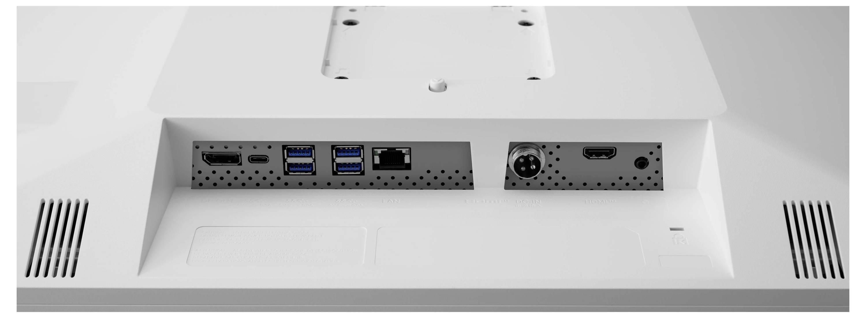 Rückseite eines Monitors mit Anschlüssen: USB, HDMI, Ethernet und Stromanschluss. Eignet sich zur Verbindung mit verschiedenen Geräten.