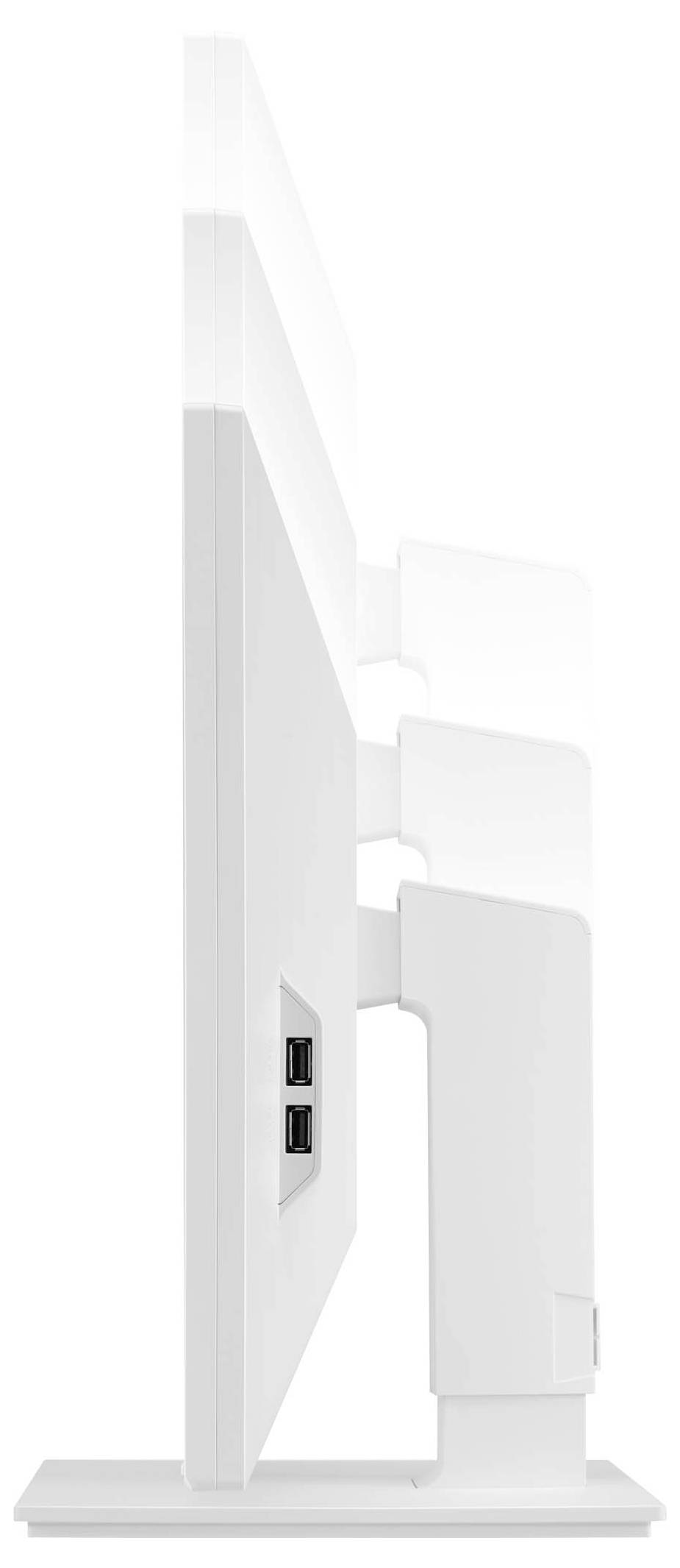 Ein weißer Computermonitor von der Seite gesehen, zeigt zwei USB-Anschlüsse auf der Rückseite des Monitorsockels.