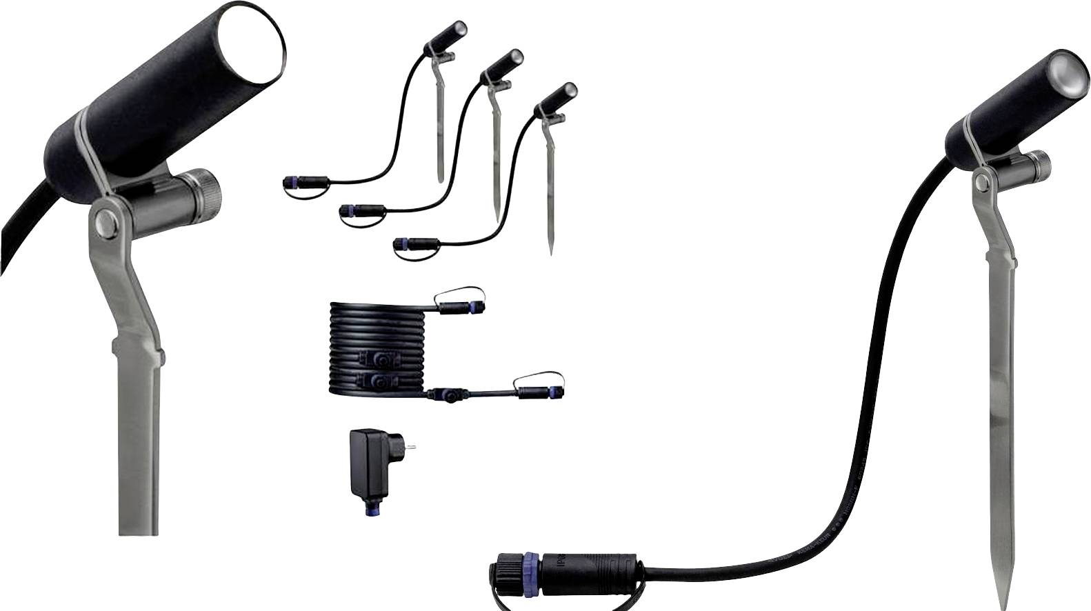 Ein Beleuchtungsset mit mehreren schwarzen LED-Strahlern, Erdspießen und einem Netzadapter, geeignet für Außenbereiche.