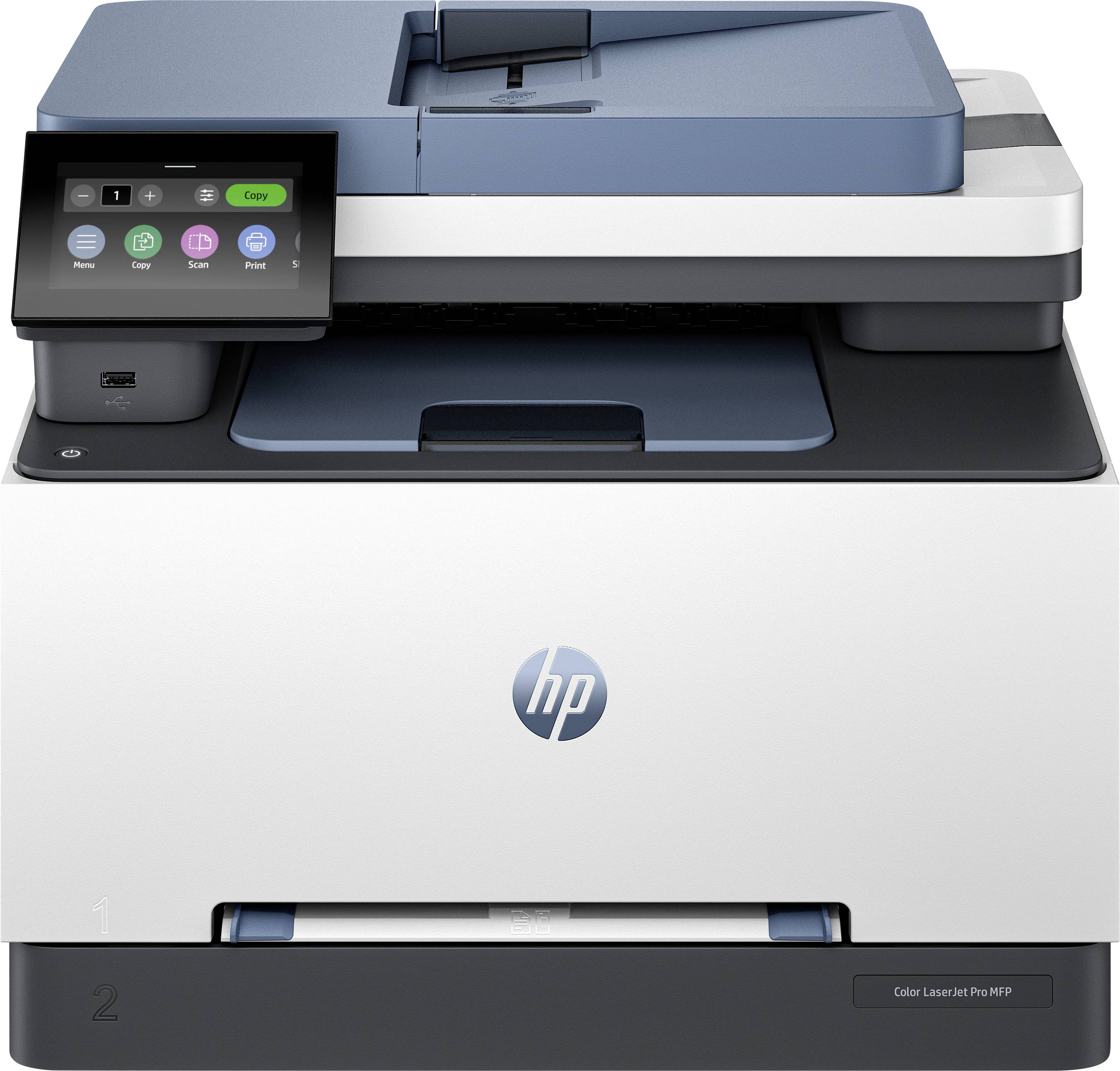 Ein Multifunktions-Laserdrucker mit Displaysteuerung, darauf sind Optionen wie 'Kopieren', 'Faxen', 'Scannen' sichtbar.