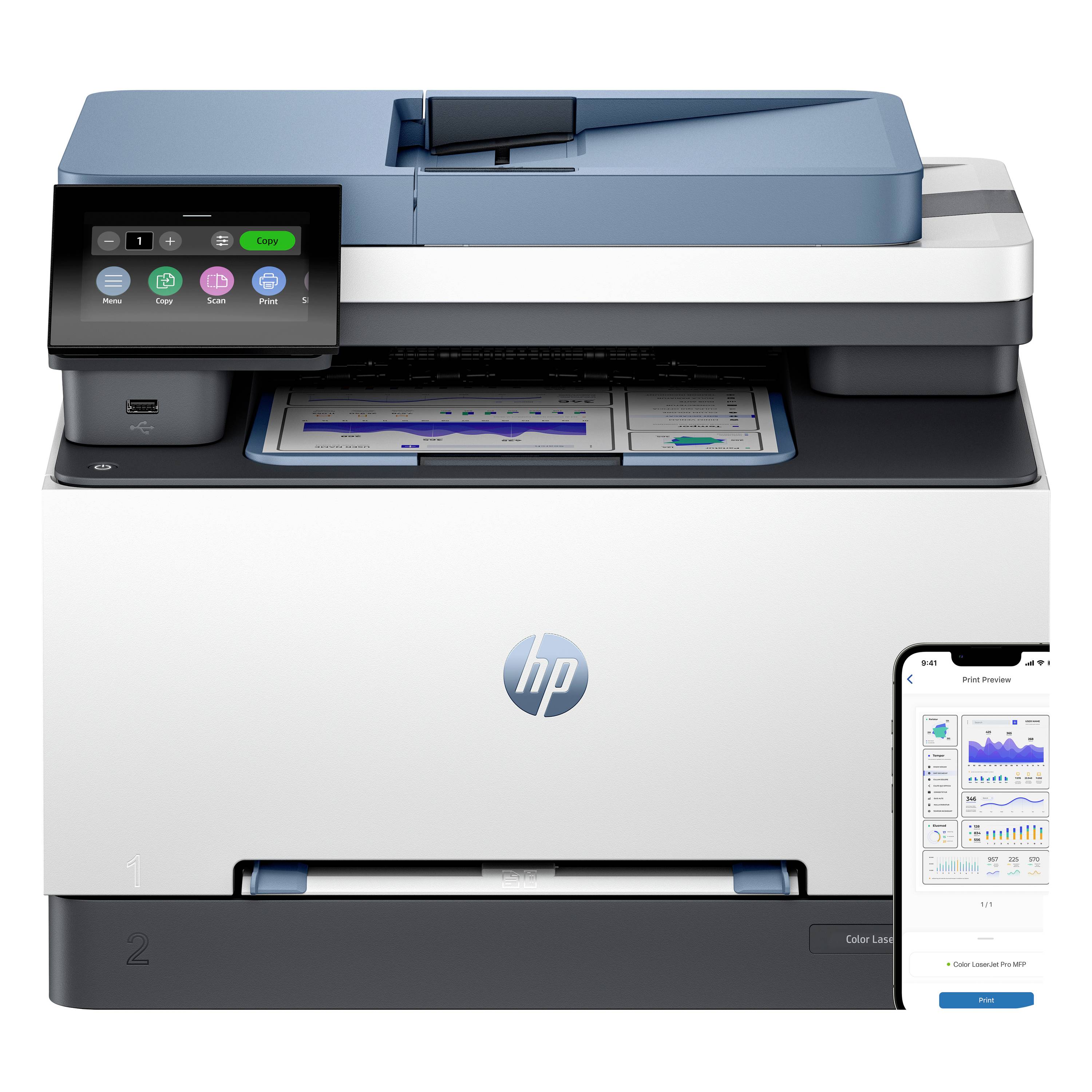 HP Multifunktionsdrucker beim Drucken von Dokumenten, mit Touchscreen-Bedienfeld und Smartphone-App-Vorschau unten rechts.
