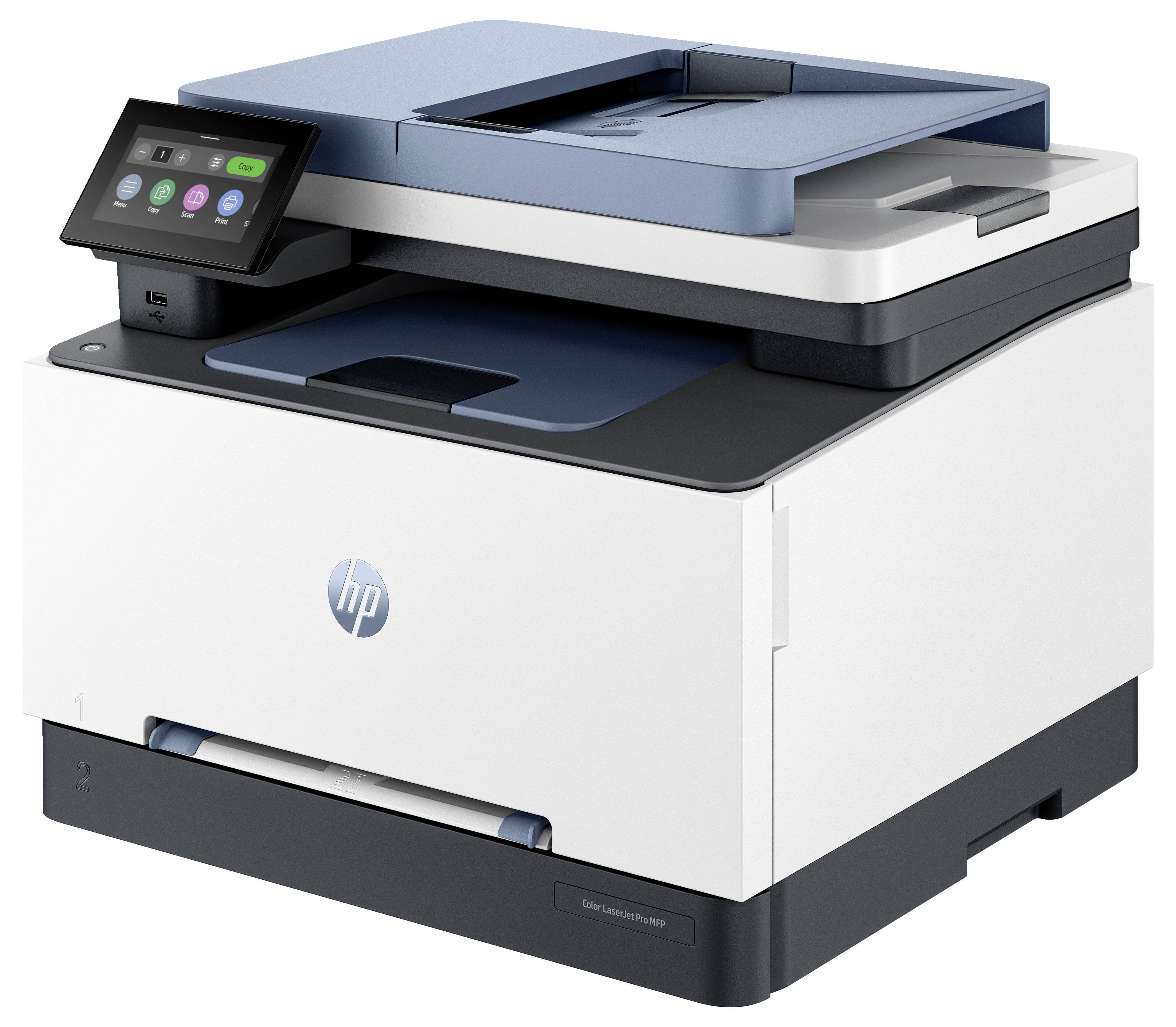 Ein weißer Drucker mit Touchscreen zeigt das HP-Logo auf der Vorderseite. Der Drucker ist kompakt und für Büroanwendungen geeignet.