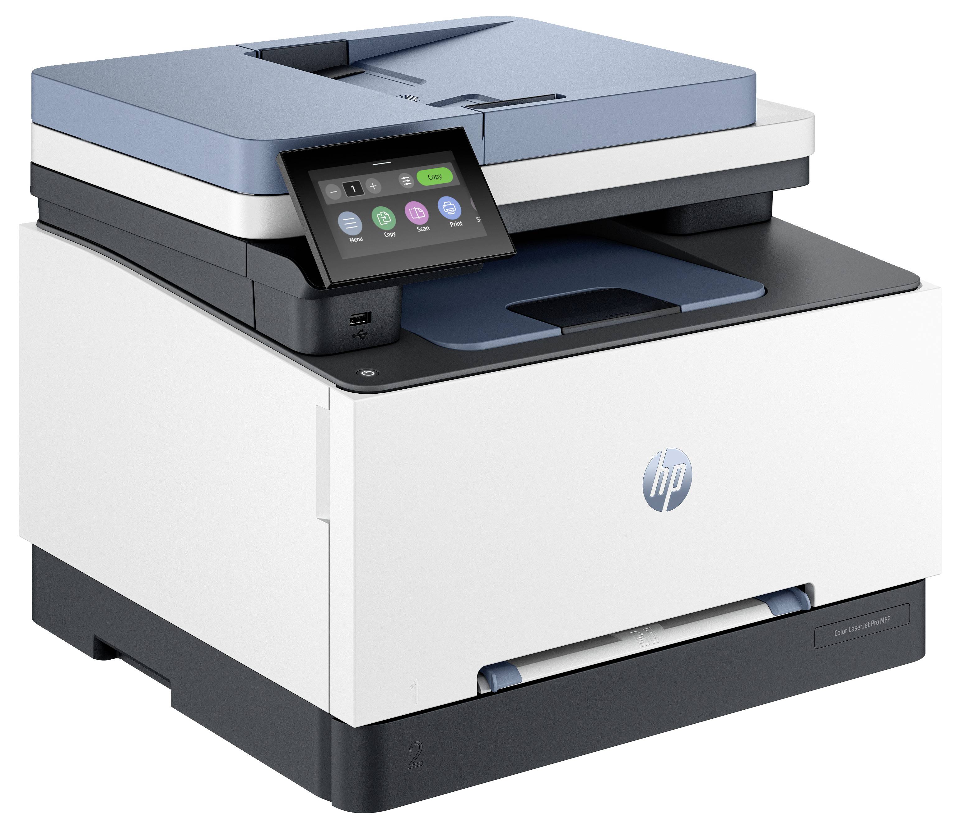 Ein moderner Multifunktionsdrucker mit einem Touchscreen-Display, das verschiedene Funktionen und Einstellungen anzeigt.