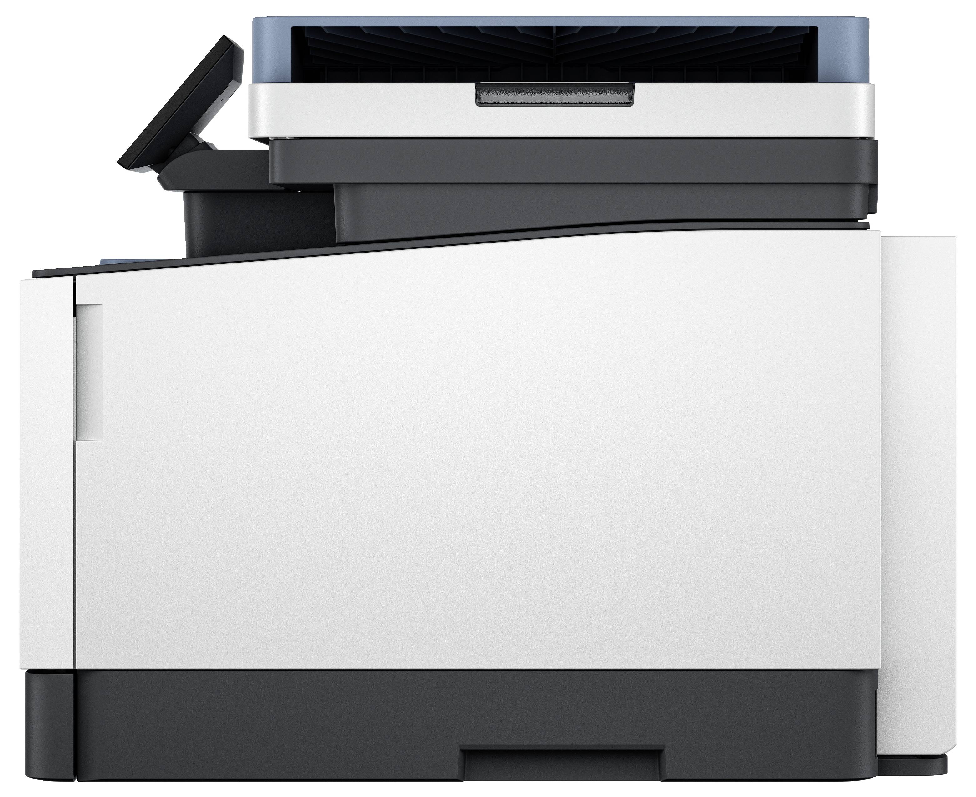 Ein Multifunktionsdrucker mit Papierzufuhr oben, Anzeige- und Bedienteil links. Geeignet für Büro- oder Heimgebrauch.