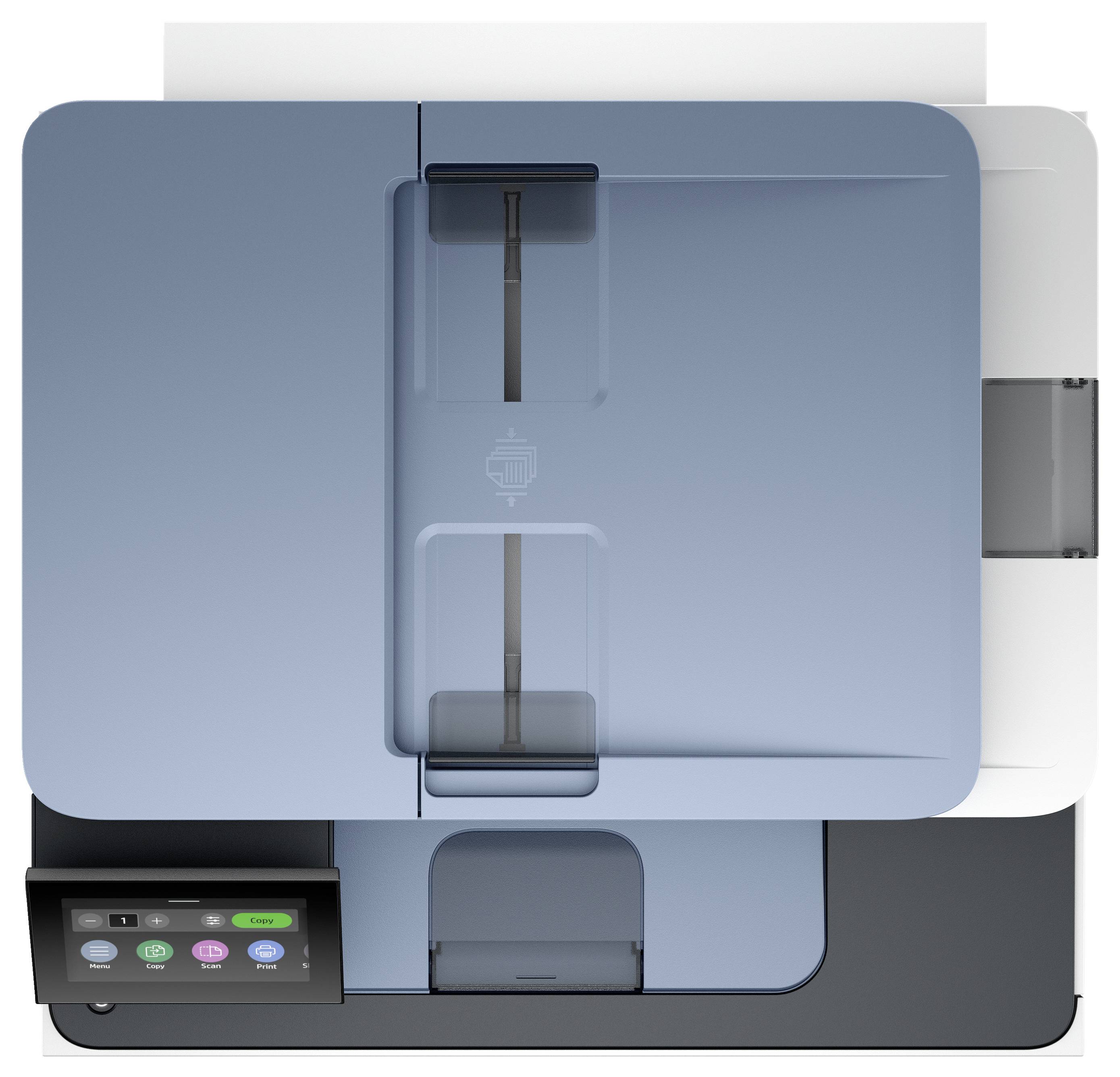 Ein Drucker mit blauer Abdeckung und Bedienfeld rechts unten zeigt Tasten für 'Kopieren', 'Scannen' und 'Einstellungen'.