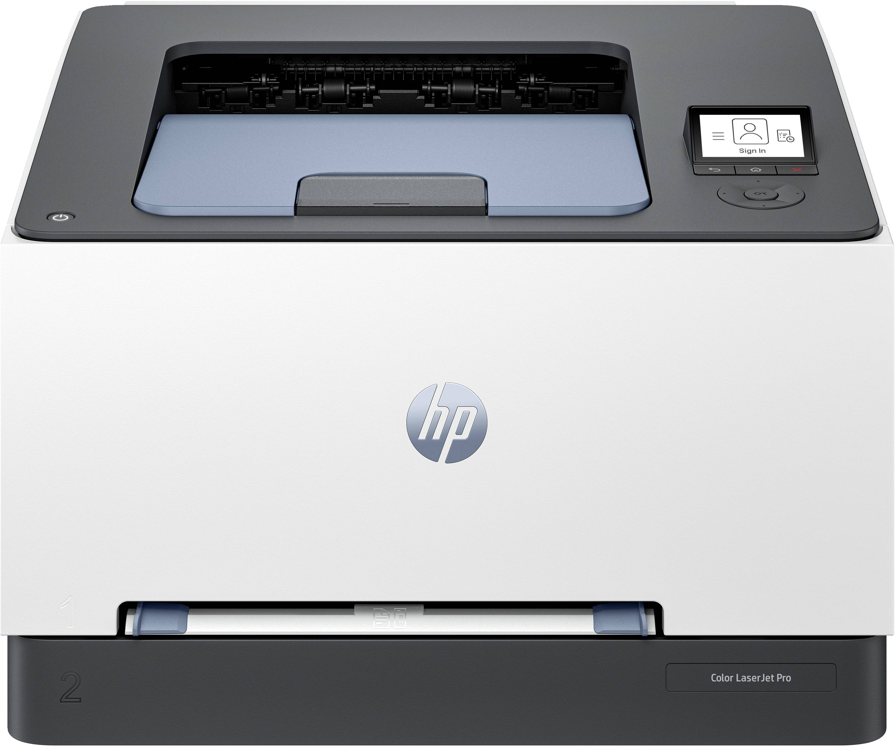 Frontansicht eines HP Color LaserJet Pro Druckers mit sichtbarem Papierfach und Bedienfeld.