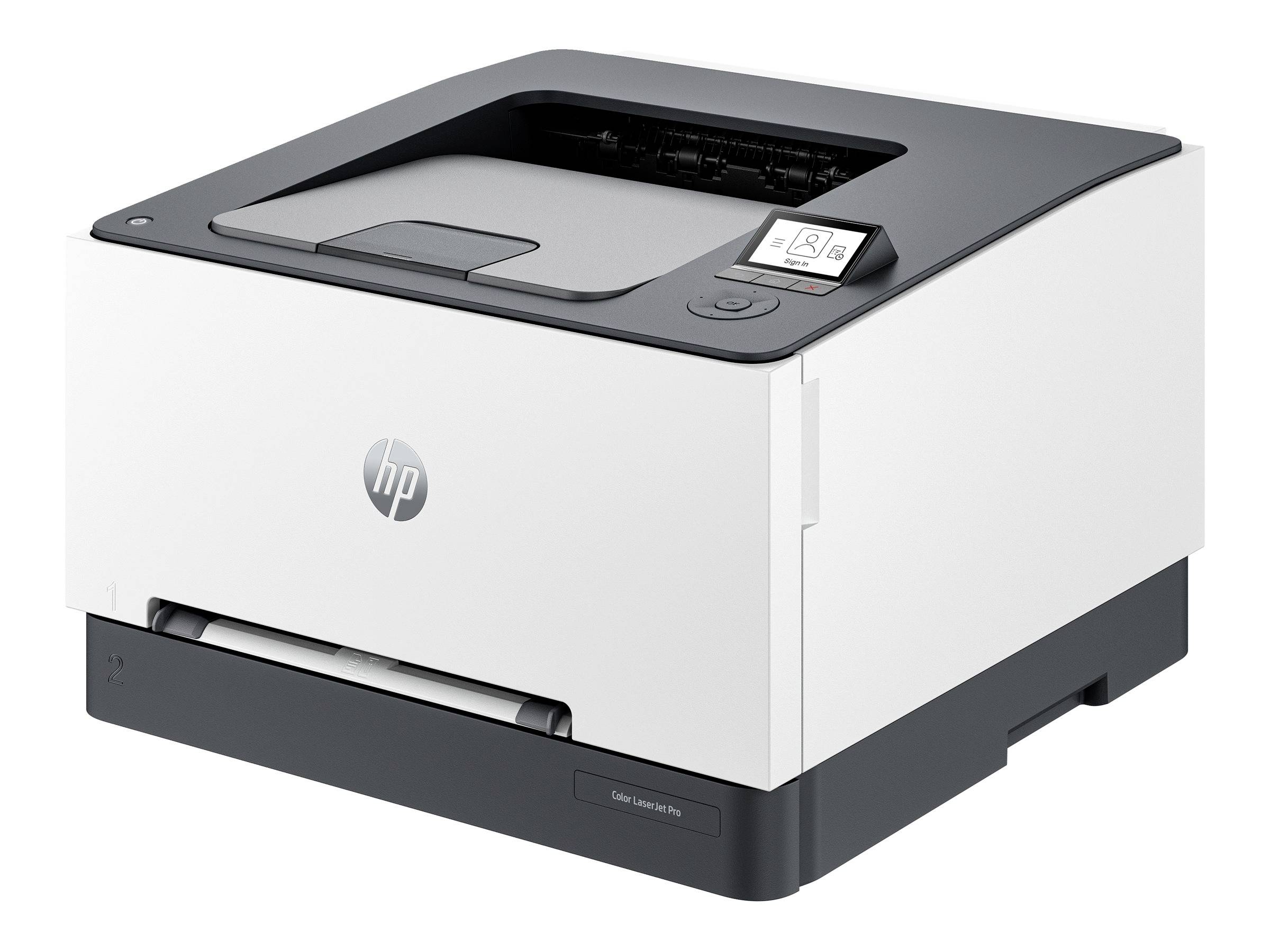 Ein weißer Drucker mit schwarzem Bedienfeld und LCD-Bildschirm an der Oberseite, auf einem Tisch in einem Büro.