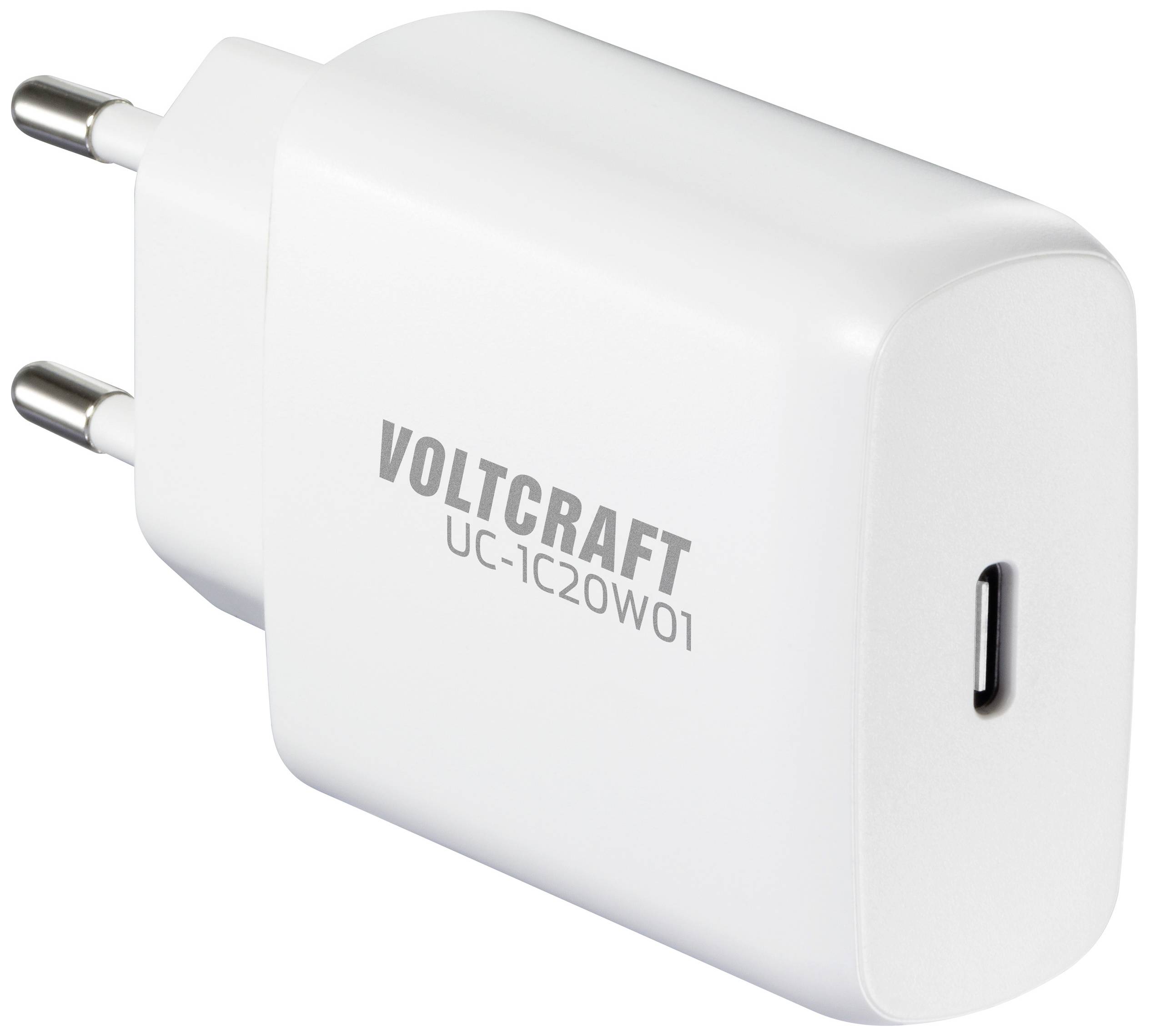 Weißes USB-C-Ladegerät mit zwei Euro-Stiften, seitlich mit der Aufschrift 'VOLTCRAFT UC-1C20W01'.
