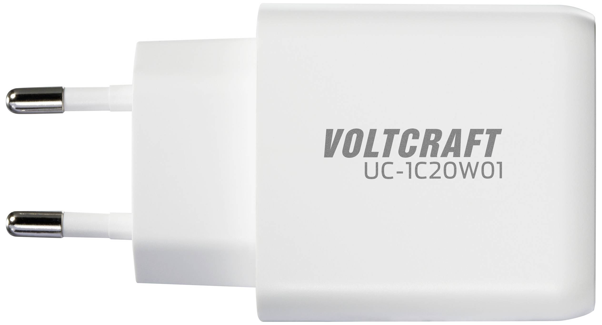 Weißes USB-Netzladegerät mit zwei Steckdosenstiften und dem aufgedruckten Markennamen 'VOLTCRAFT UC-1C20W01'.