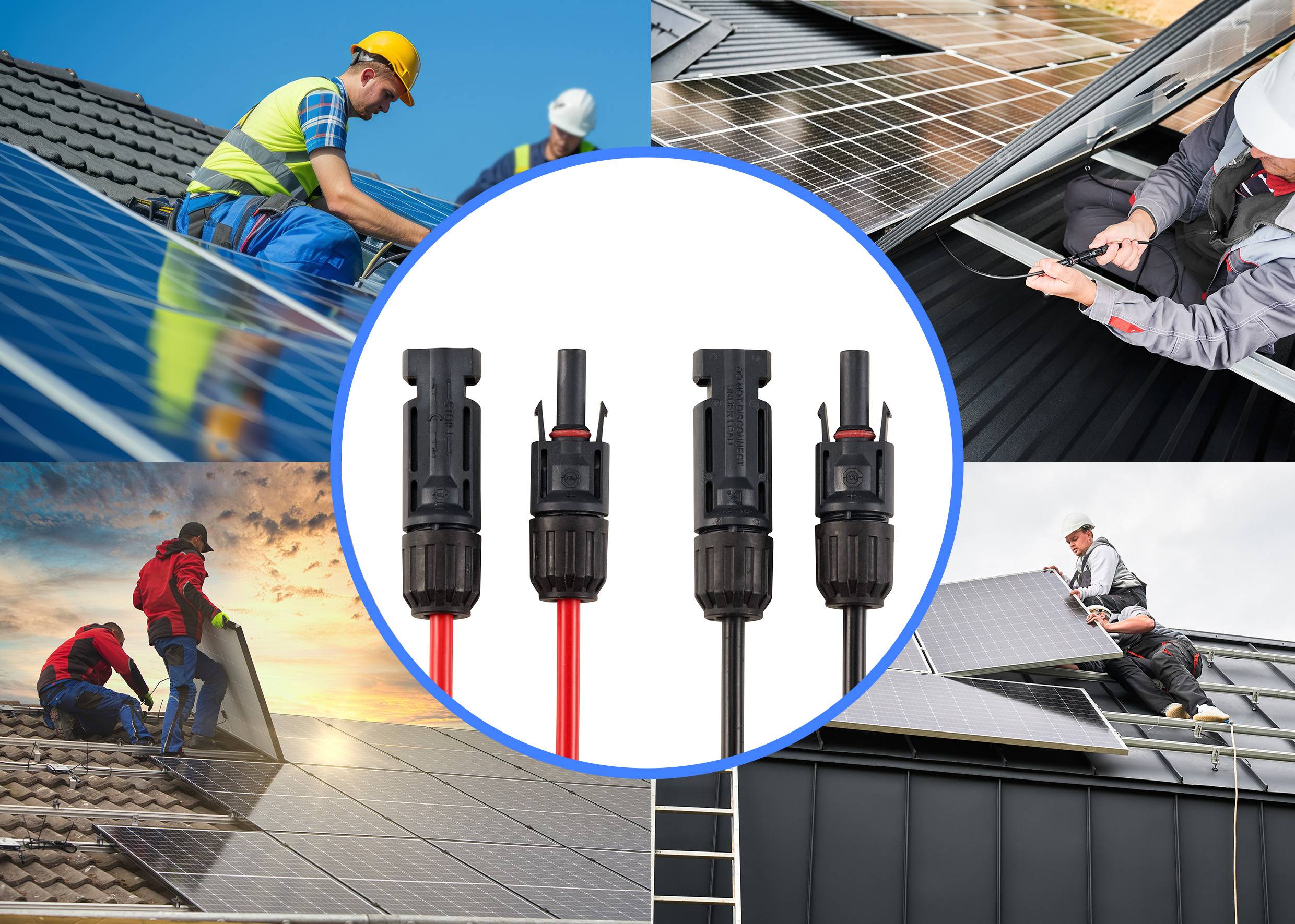 Mehrere Arbeiter installieren Solarmodule auf verschiedenen Dächern. In der Mitte sind drei Solarkabelstecker abgebildet.