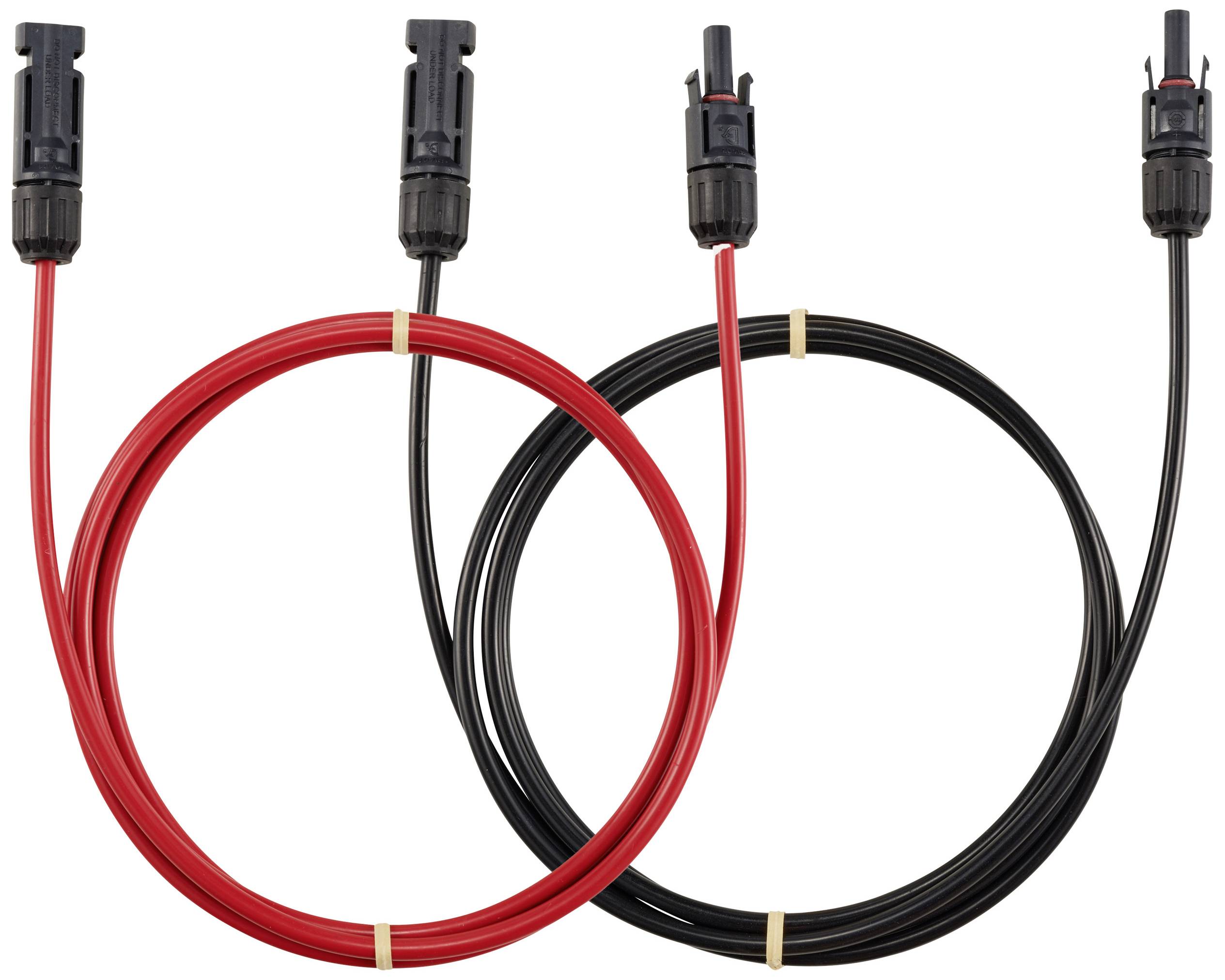 Zwei Solarkabel, eines rot und eines schwarz, mit Steckverbindern an den Enden, liegen in kreisförmigen Schleifen.