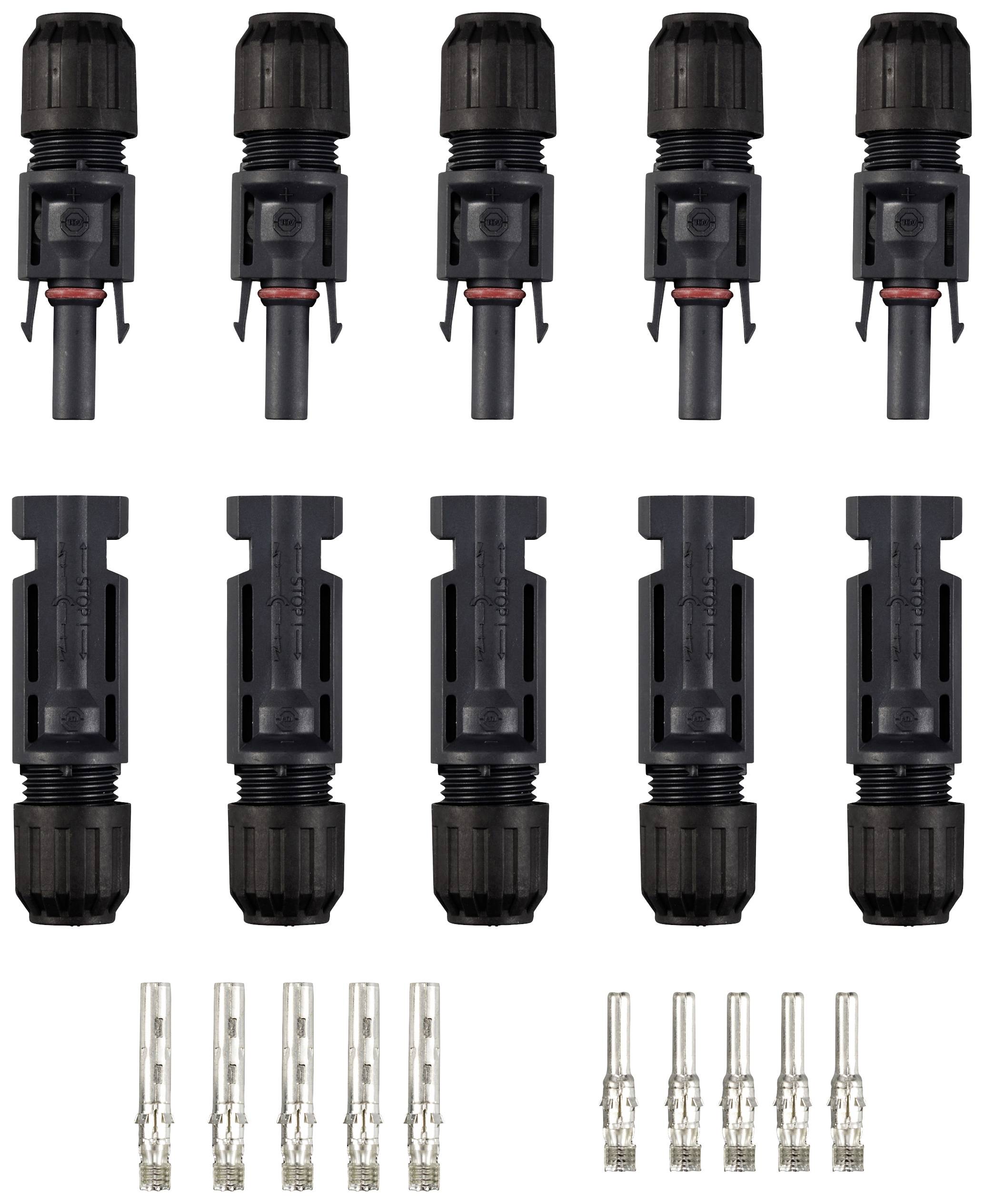Mehrere schwarze, modulare Steckverbinder in zwei Reihen. Obere Reihe mit Schraubkappen. Untere Reihe mit zylindrischen Metallstiften. Geeignet für Elektrotechnik.