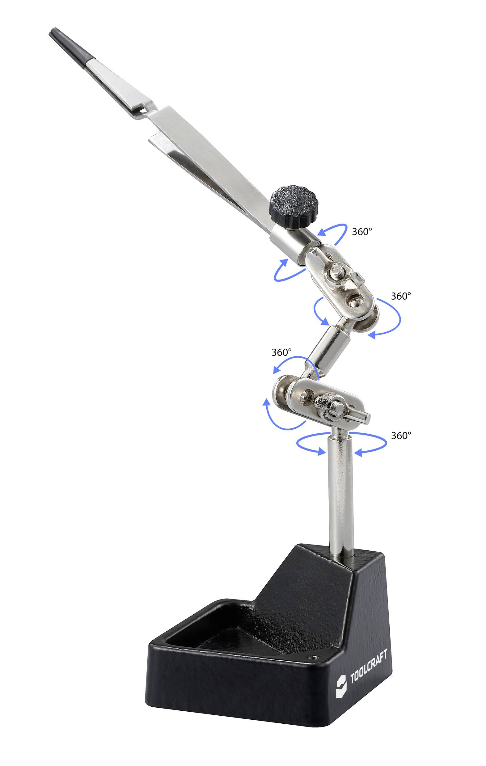 Werkzeughalter aus Metall mit verstellbarem Arm, montiert auf einem schweren Sockel. Arm kann um 360° gedreht werden.