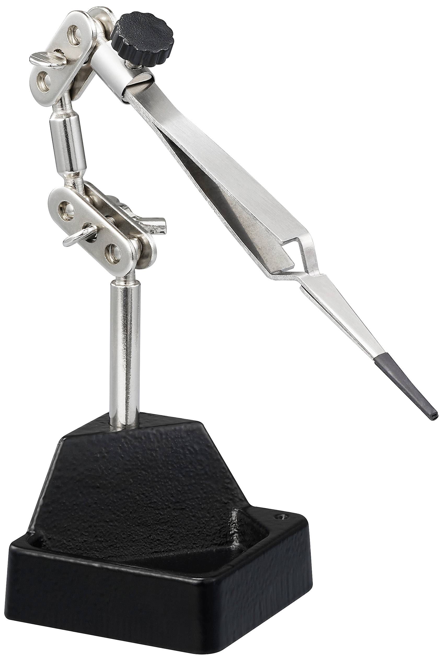 Ein verstellbarer Halter mit Krokodilklemme auf schwarzem Sockel, oft genutzt für Lötarbeiten zur Fixierung von Kleinteilen.