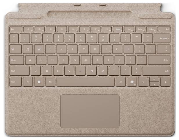 Eine braune abnehmbare Tastatur mit einem Touchpad, ausgestattet mit Standard- und Funktionstatasten, entwickelt für ein Tablet oder Laptop.