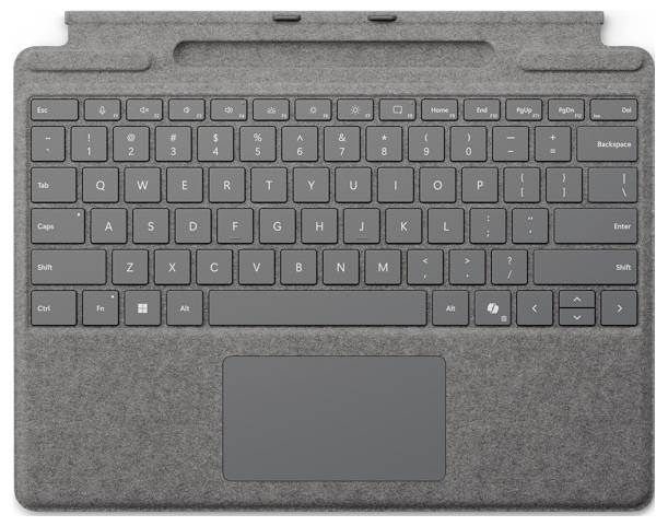 Eine graue Tastatur mit Touchpad, entwickelt für ein abnehmbares Tablet-Gerät, verfügt über Funktionstasten und Direktwahlschaltflächen für einfache Navigation.