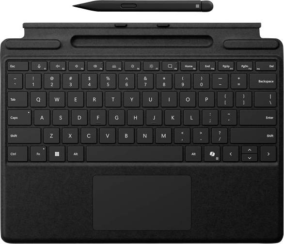 Eine schwarze Tablet-Tastaturabdeckung mit Trackpad und einem Eingabestift oben, entwickelt für nahtloses Tippen und Touchscreen-Interaktion.