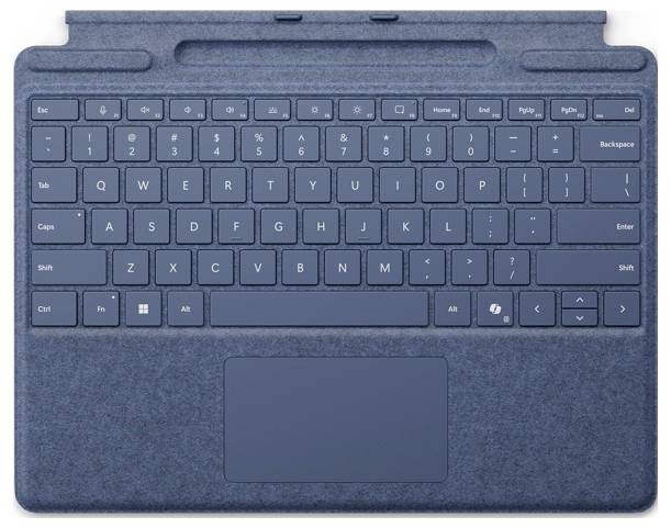 Eine abnehmbare blaue Tastatur mit Touchpad, entwickelt für Tablets, mit standardmäßigem QWERTY-Layout und Funktionstasten.