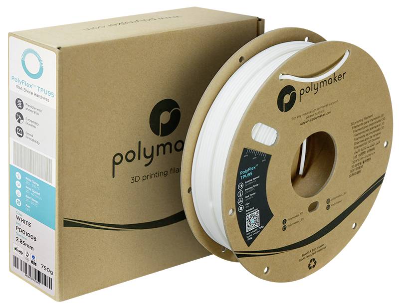 Eine Rolle weißes 3D-Druckfilament aus TPU95 von Polymaker neben der Verpackung, geeignet für flexible Druckprojekte.
