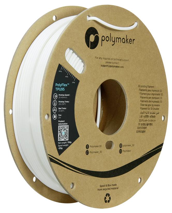 Eine Rolle weißes 3D-Druckerfilament mit dem Namen 'PolyFlex™ TPU95' von Polymaker, geeignet für flexible Drucke.