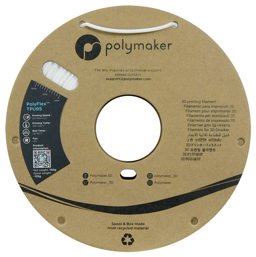 Runde Verpackung eines 3D-Drucker-Filaments von 'Polymaker' aus recyceltem Material. Enthält Informationen zum Produkt und Kontakt.