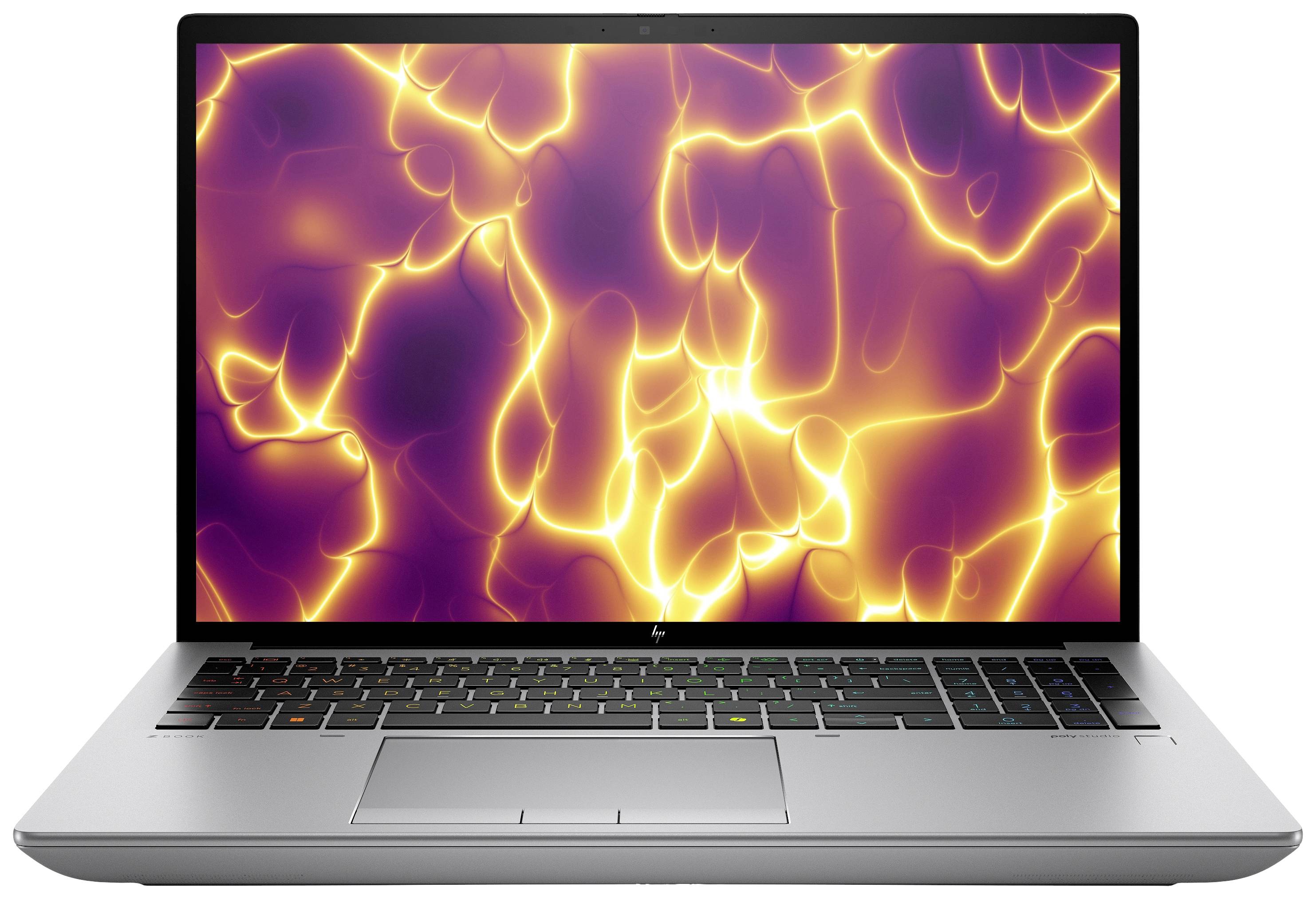 Ein Laptop mit einem leuchtend abstrakten, orange-violettem Muster auf dem Bildschirm.