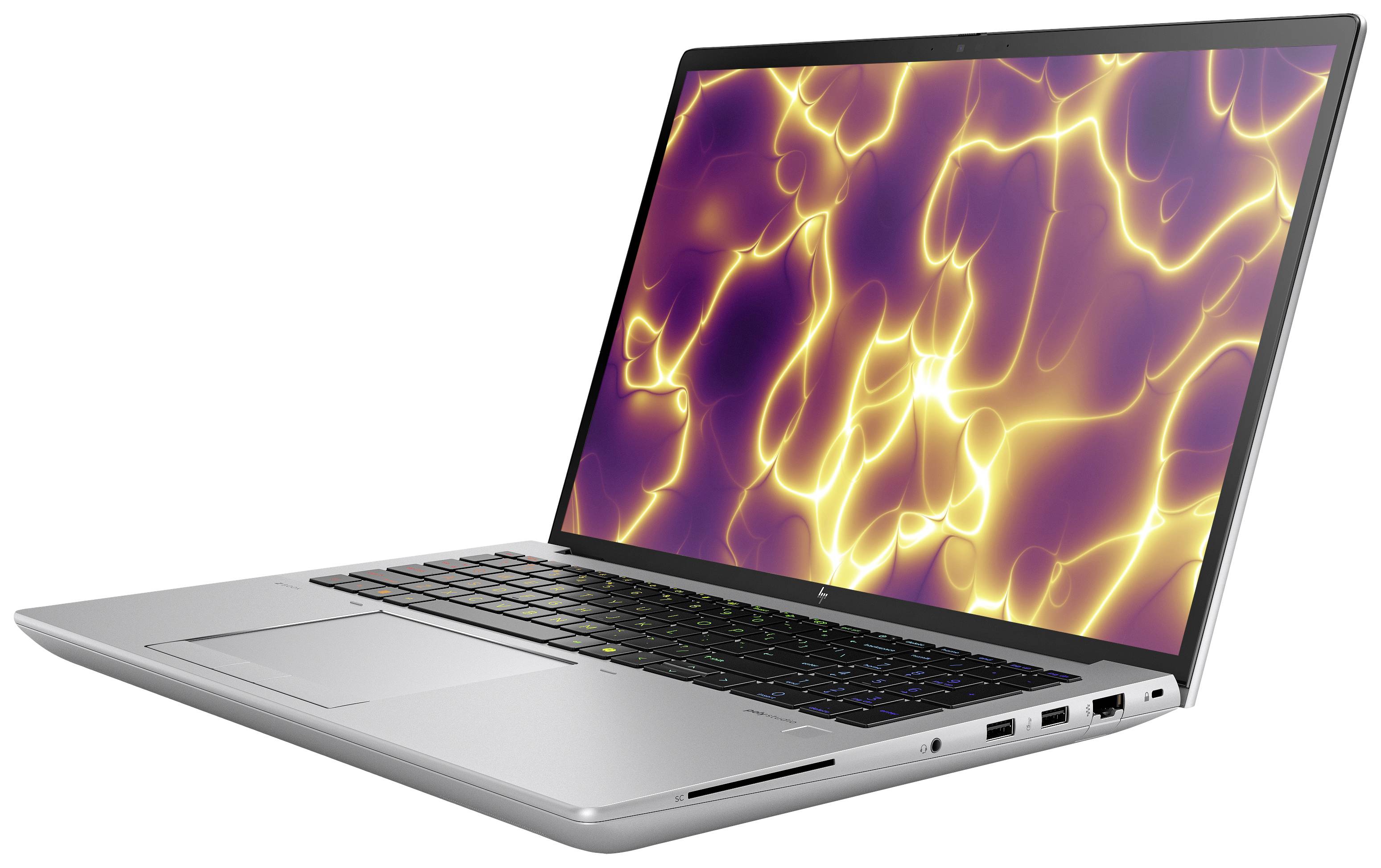 Ein silberner Laptop mit einem bunten, leuchtenden Bildschirmmuster, auf einem weißen Hintergrund dargestellt.