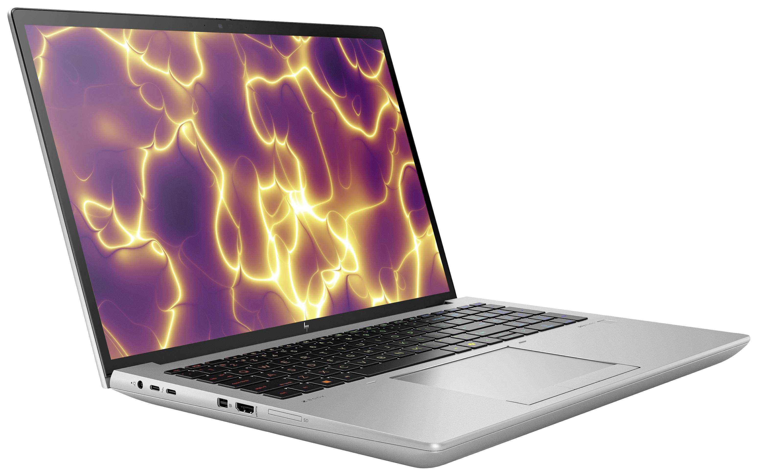 Laptop mit glühendem, flammenartigem Bildschirm. Silbernes Gehäuse, offene Ansicht von links. Mehrere USB-Anschlüsse sichtbar.
